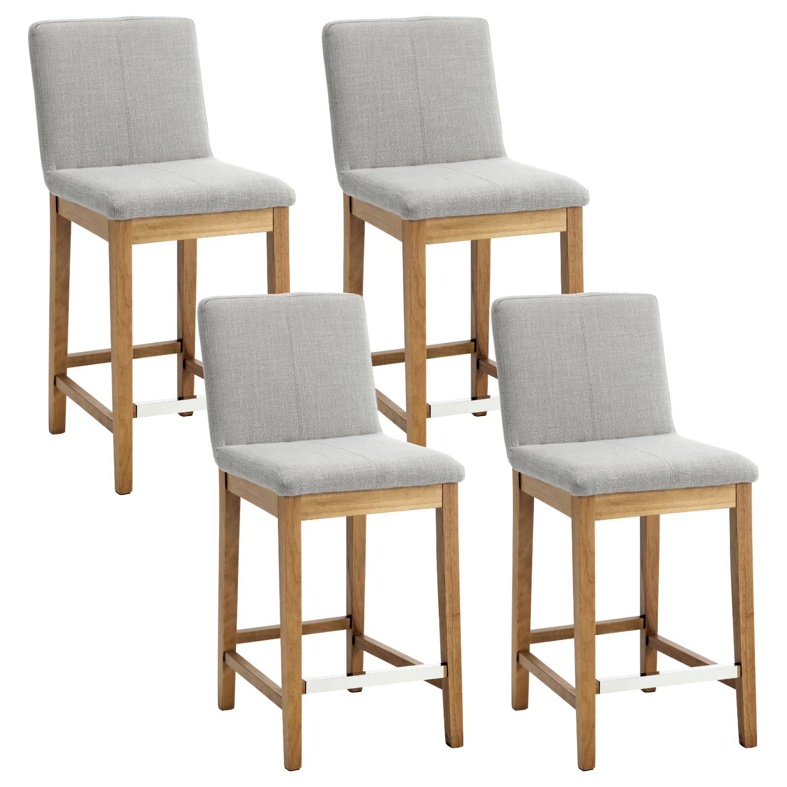 Set of 4 Mid-Century Modern Counter Stools - 26 Inch Height with Linen Upholstery & Wood Frame - Perfect for Kitchen Islands, Home Bars, and Patio Dining - Light Grey Fabric Seating