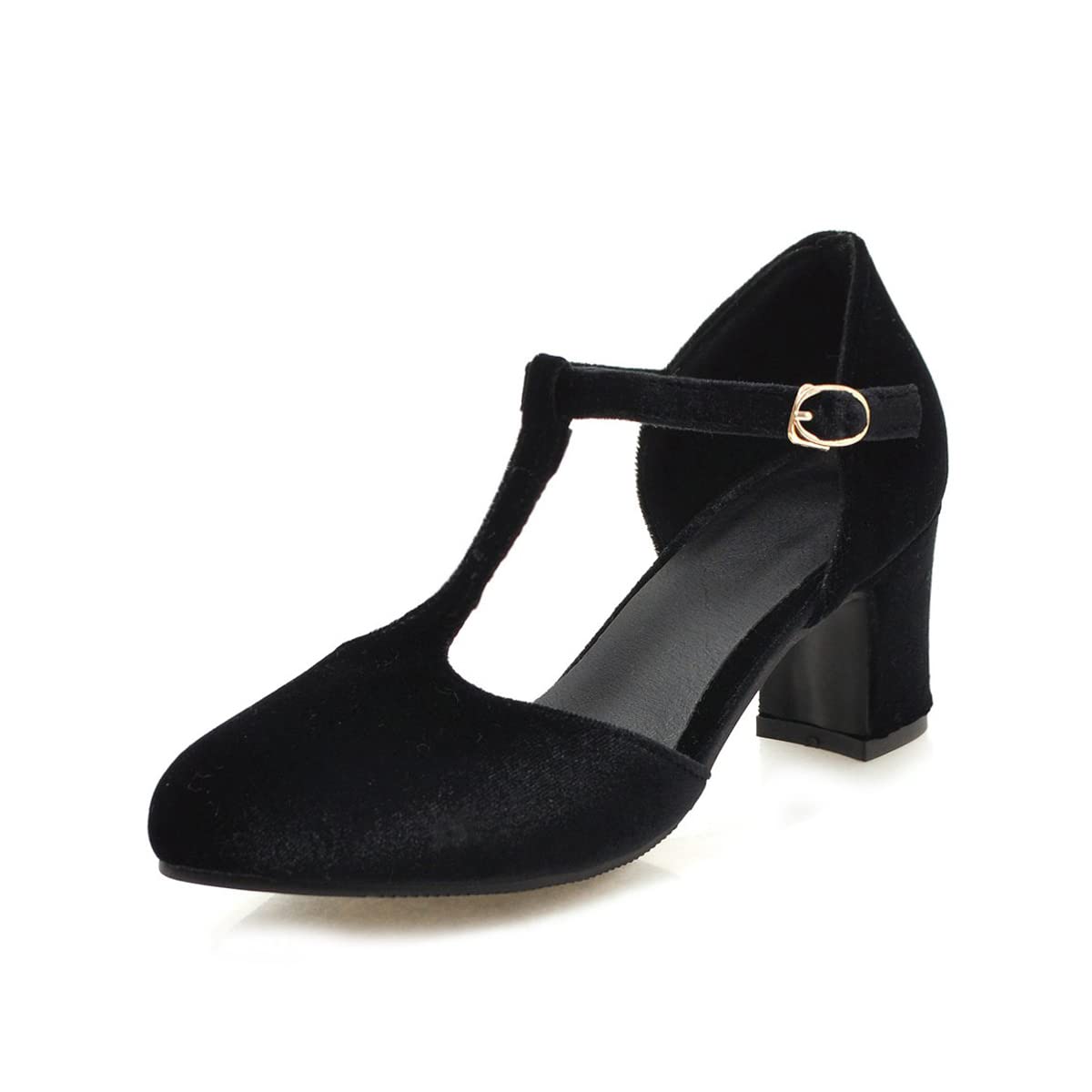 Women's T-Strap Chunky Heel Pumps - Velvet Block High Heels in Black & Green | Closed Toe Dress Shoes with Ankle Strap for Parties, Weddings & Evening Events