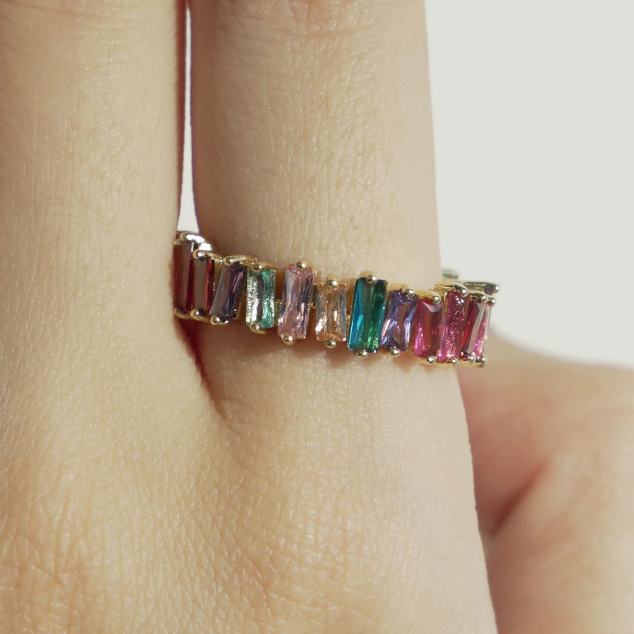 18K Gold Plated Rainbow Eternity Ring for Women - Multicolor Cubic Zirconia Baguette Wedding Band, Anniversary Gift, Stackable Ring for Everyday Wear & Special Occasions