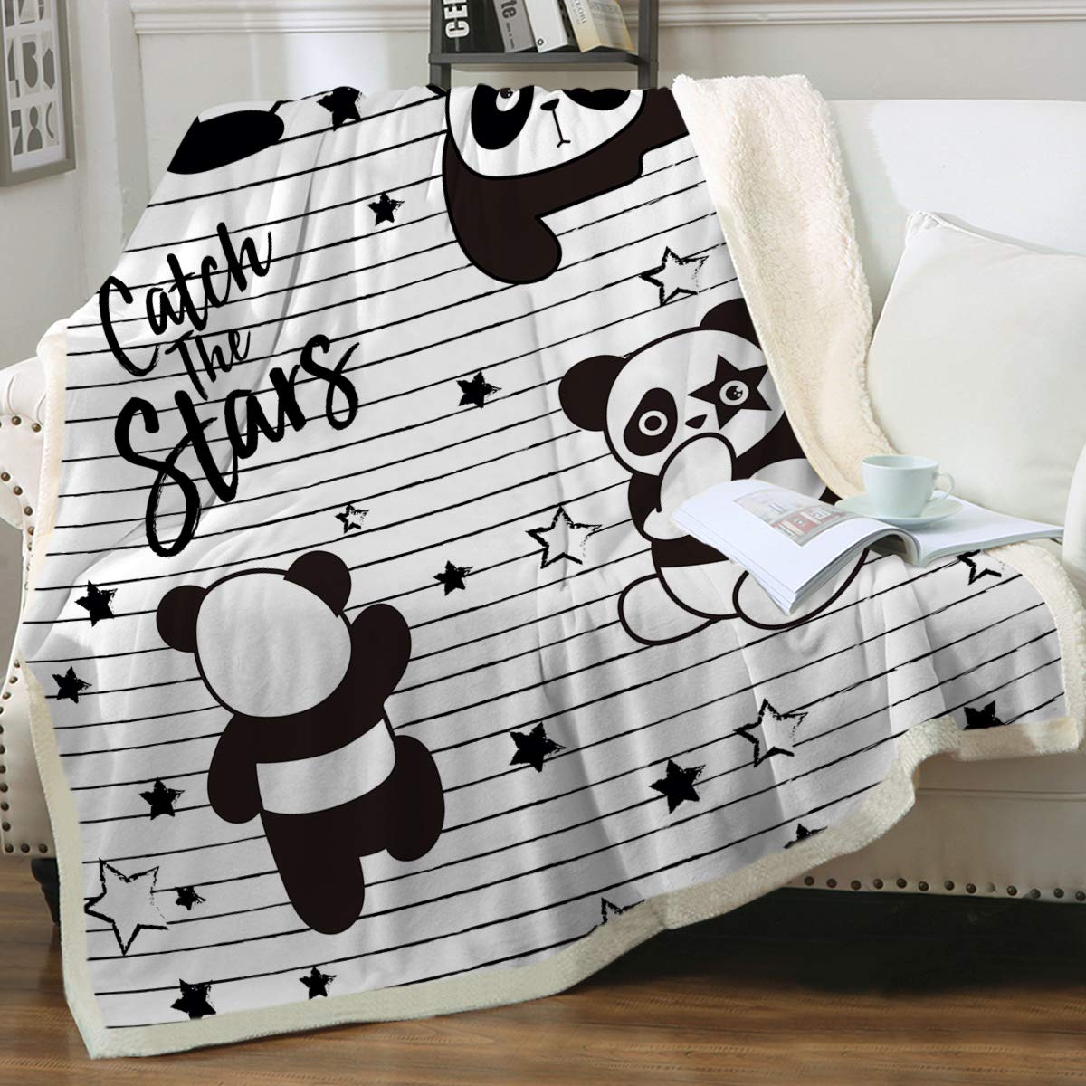 Sleepwish Panda Fleece Blanket - Soft Plush Sherpa Blanket with Black & White Stripes & Cute Stars - 60x80 Inch Cozy Throw for Bed, Couch, Sofa, Travel, Camping - Perfect for Kids, Boys, Adults - All Season Warm Blanket for Home, Office & Outdoor Use