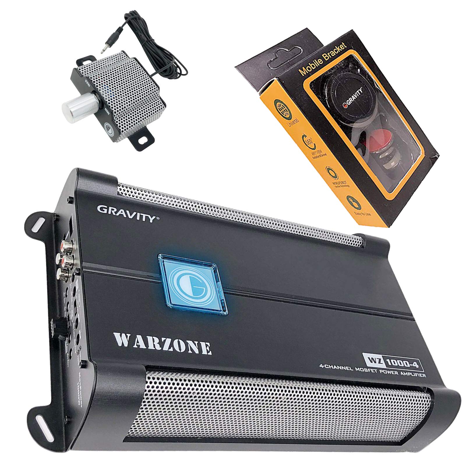 Gravity 1000.4 Class AB Car Amplifier 1000W 2/4 Ohm Stable 4-Channel MOSFET Power Supply for Subwoofers & Speakers - 2nd Gen with Phone Holder Bundle - Perfect for Car Audio Systems & Road Trips