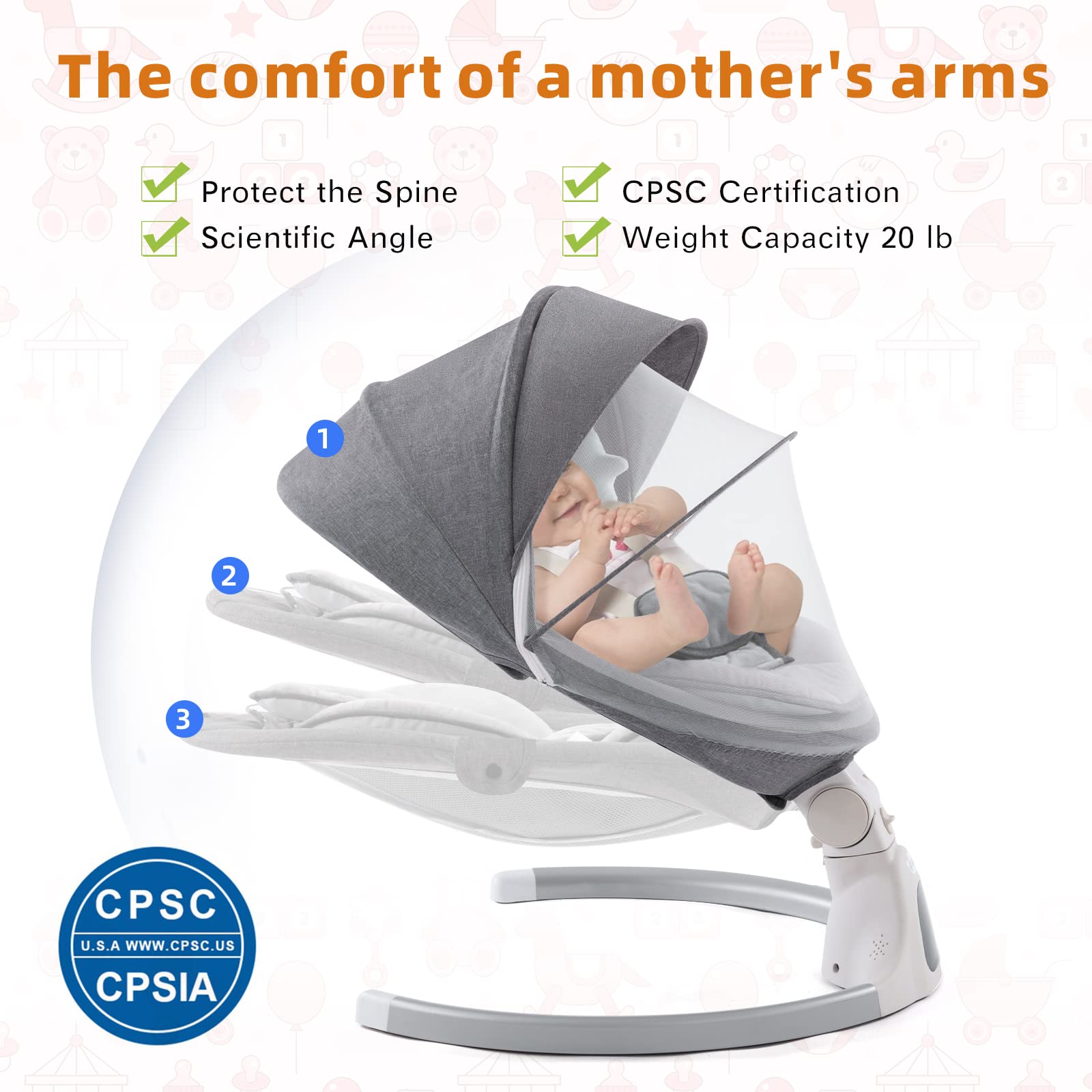 Jaoul Baby Swing for Infants - Electric Portable Newborn Bouncer with Bluetooth, Touch Screen & Remote Control, 5 Speed Settings, 3 Reclining Positions - Perfect for Nursery, Daycare or Travel (Gray)