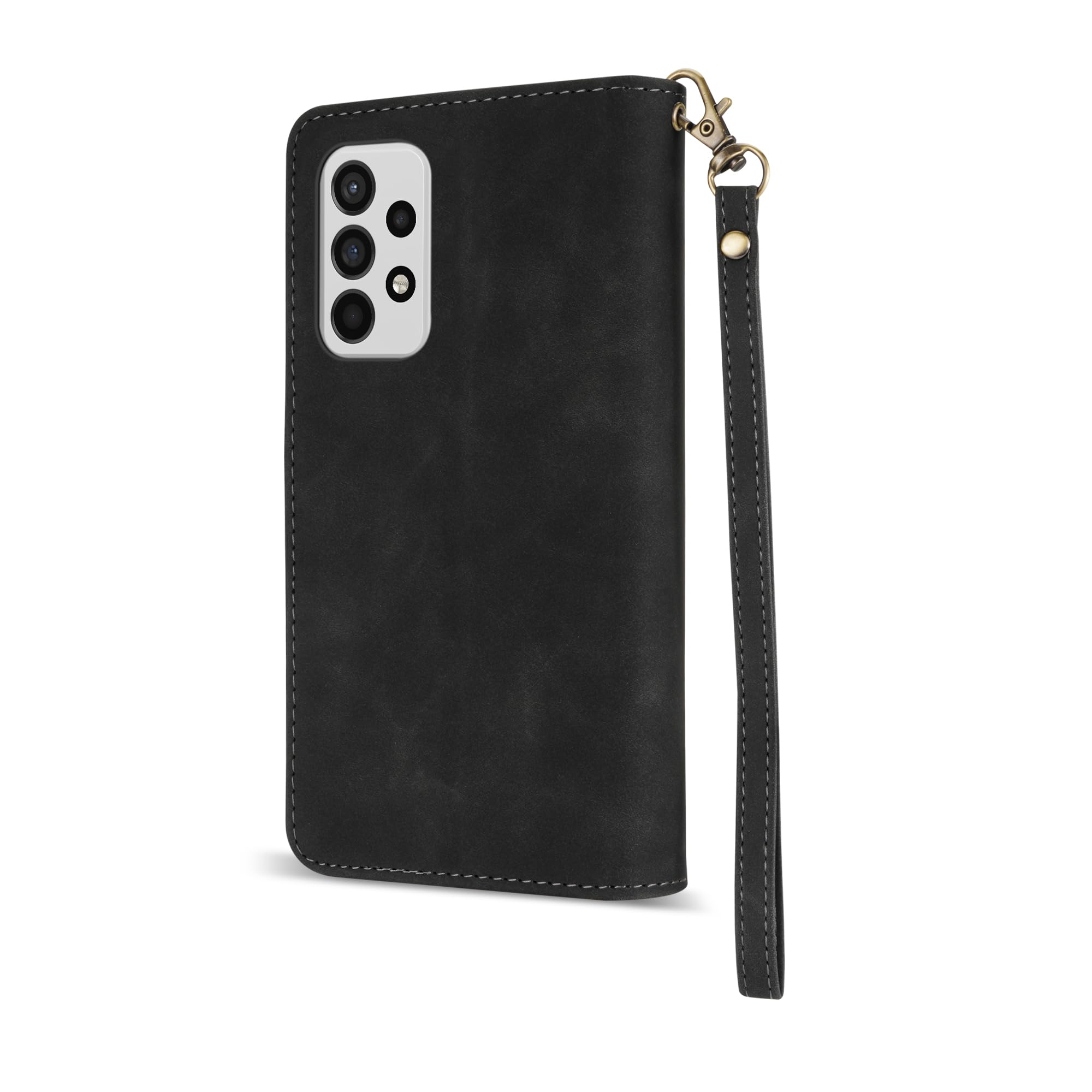 Premium Soft PU Leather Zipper Flip Wallet Case for Samsung Galaxy A52/A52S 5G (6.5 inch) - Card Slots, Wrist Strap & Kickstand | Protective Cover for Daily Use, Travel & Business Meetings (Black)