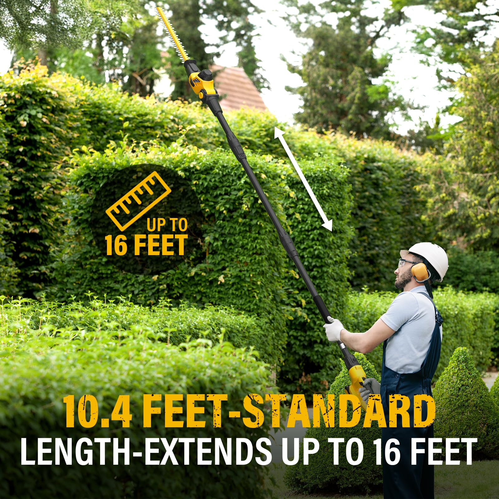 Cordless Pole Hedge Trimmer with 9-Feet Reach & Extension Pole - 20-Inch Cutting Capacity, Multi-Angle Adjustment, Includes 2.0Ah Battery & Fast Charger - Perfect for Tall Hedges, Tree Branches, and Hard-to-Reach Landscaping