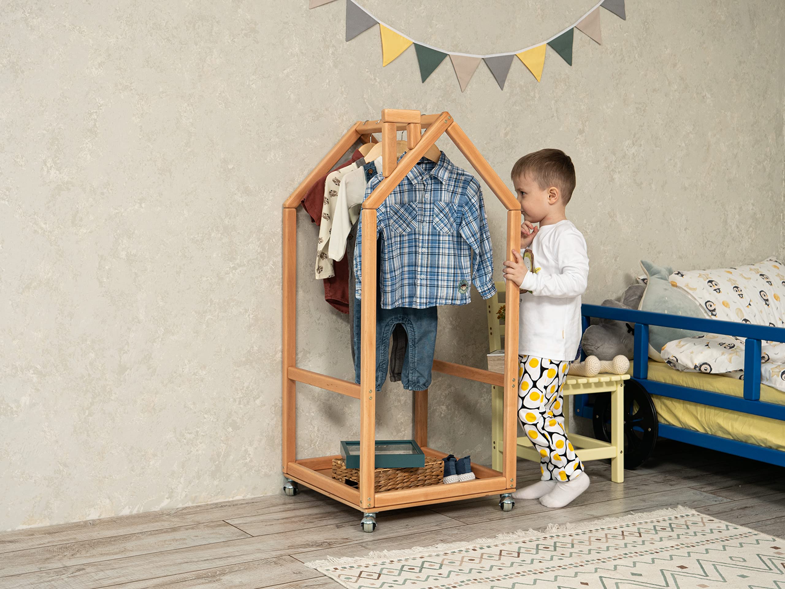 BUSYWOOD Kids Clothes Rack - Adjustable Wooden Toddler Wardrobe with Wheels | Montessori Clothing Organizer & Storage for Children's Clothes | Perfect for Bedroom, Playroom & Daycare Organization