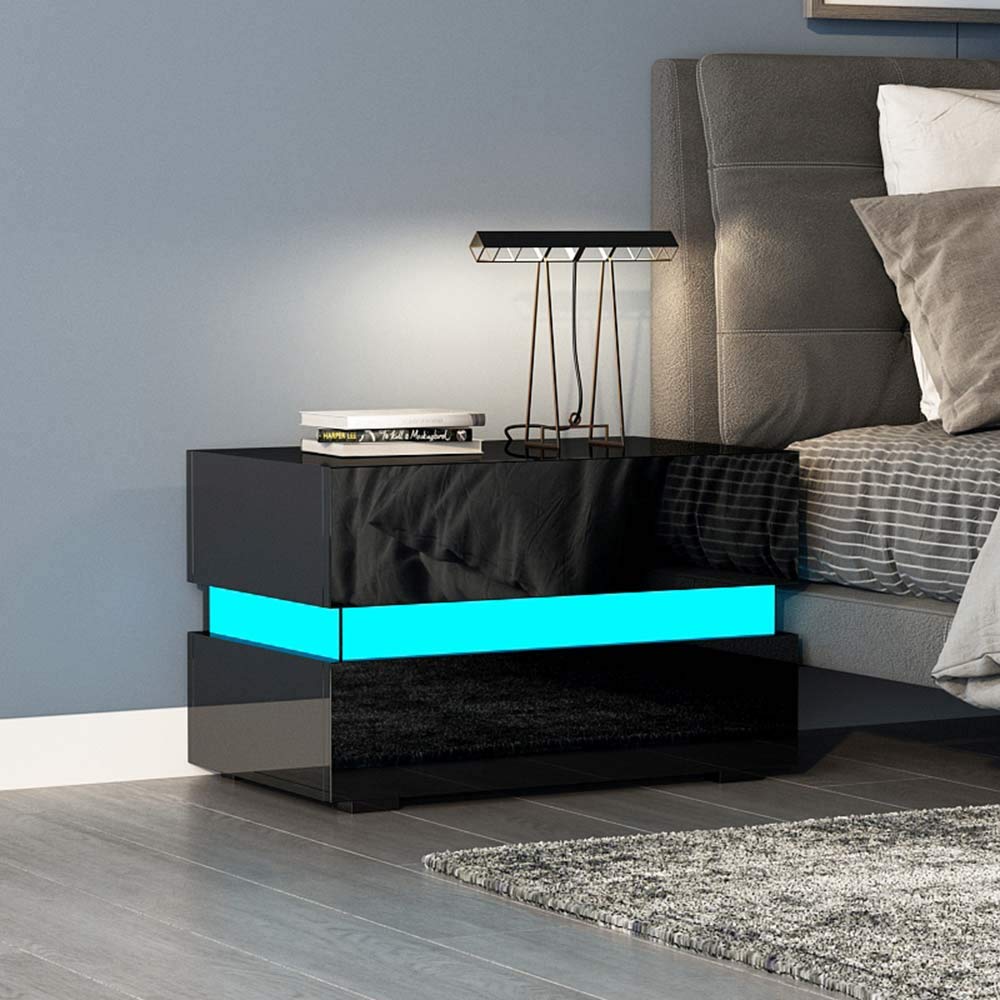Modern LED Nightstand with 2 Drawers - High Gloss Black Bedside Table for Bedroom & Living Room | Space-Saving Storage Cabinet, Perfect for Small Apartments & Guest Rooms