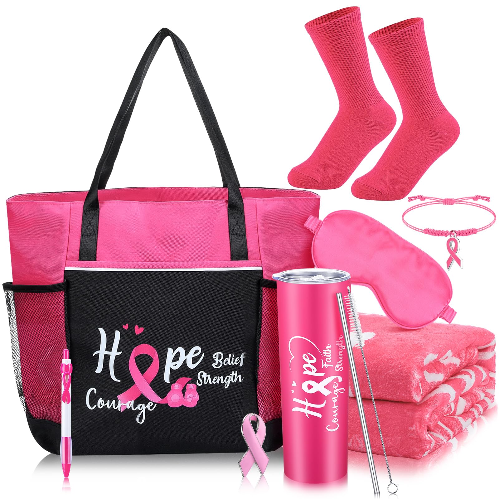 Vesici 8-Piece Cancer Care Gift Set for Women - 20oz Tumbler, Tote Bag, Pen, Blanket, Bracelet, Fuzzy Socks, Ribbon Label, Pin & Mask - Thoughtful Get Well & Cancer Awareness Gifts for Patients, Survivors & Caregivers - Perfect for Hospital Visits, Chemo Support & Recovery Encouragement