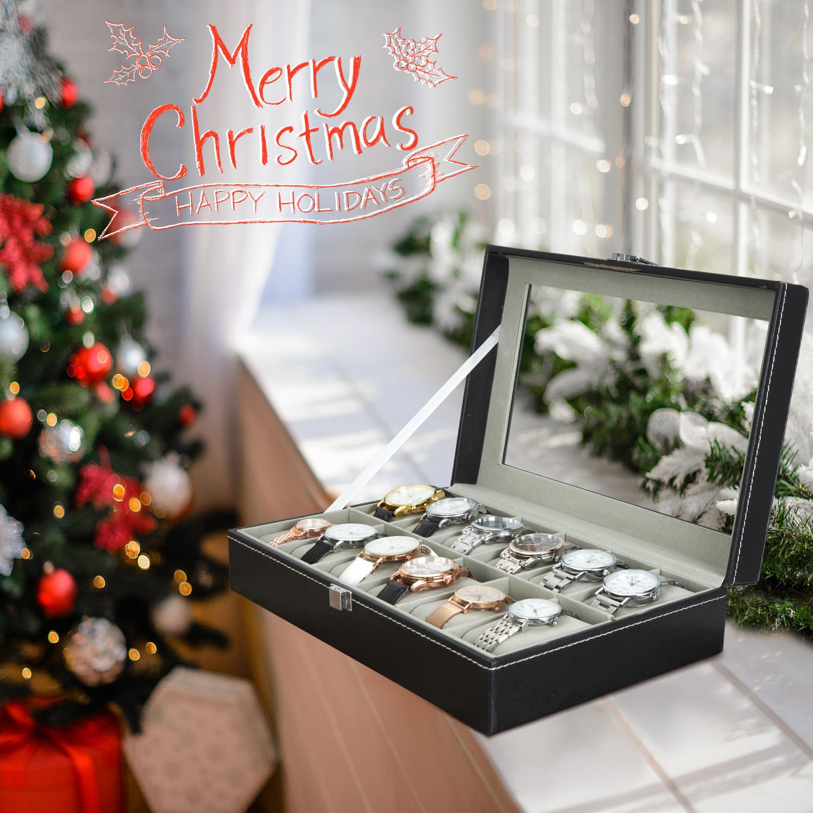 Ohuhu 12-Slot PU Leather Watch Box with Real Glass Lid - Soft Velvet Jewelry Organizer & Watch Display Case for Men and Women - Perfect for Watch Collection Storage, Birthday Gifts & Home Décor