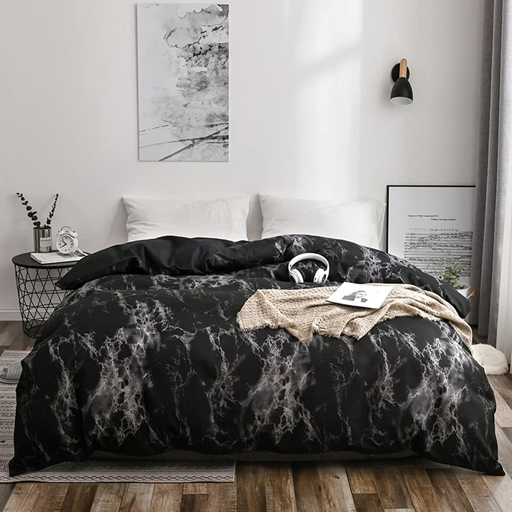 Jiawu Queen Size Bedding Set - Ultra Soft & Breathable Comforter, Sheets & Pillowcases for Bedroom & Study Room - Marble Black Design for Cozy Sleep & Relaxation