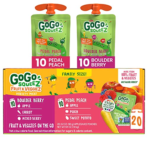 GoGo squeeZ Fruit & VeggieZ Kids Snacks Variety Pack - 20 Pack of 3.2oz Pouches (Boulder Berry & Pedal Pedal Peach) | Nut Free, Dairy Free, Gluten Free Healthy Snacks for Toddlers & School Lunches | Perfect for On-the-Go, Lunchboxes & After School Snacks