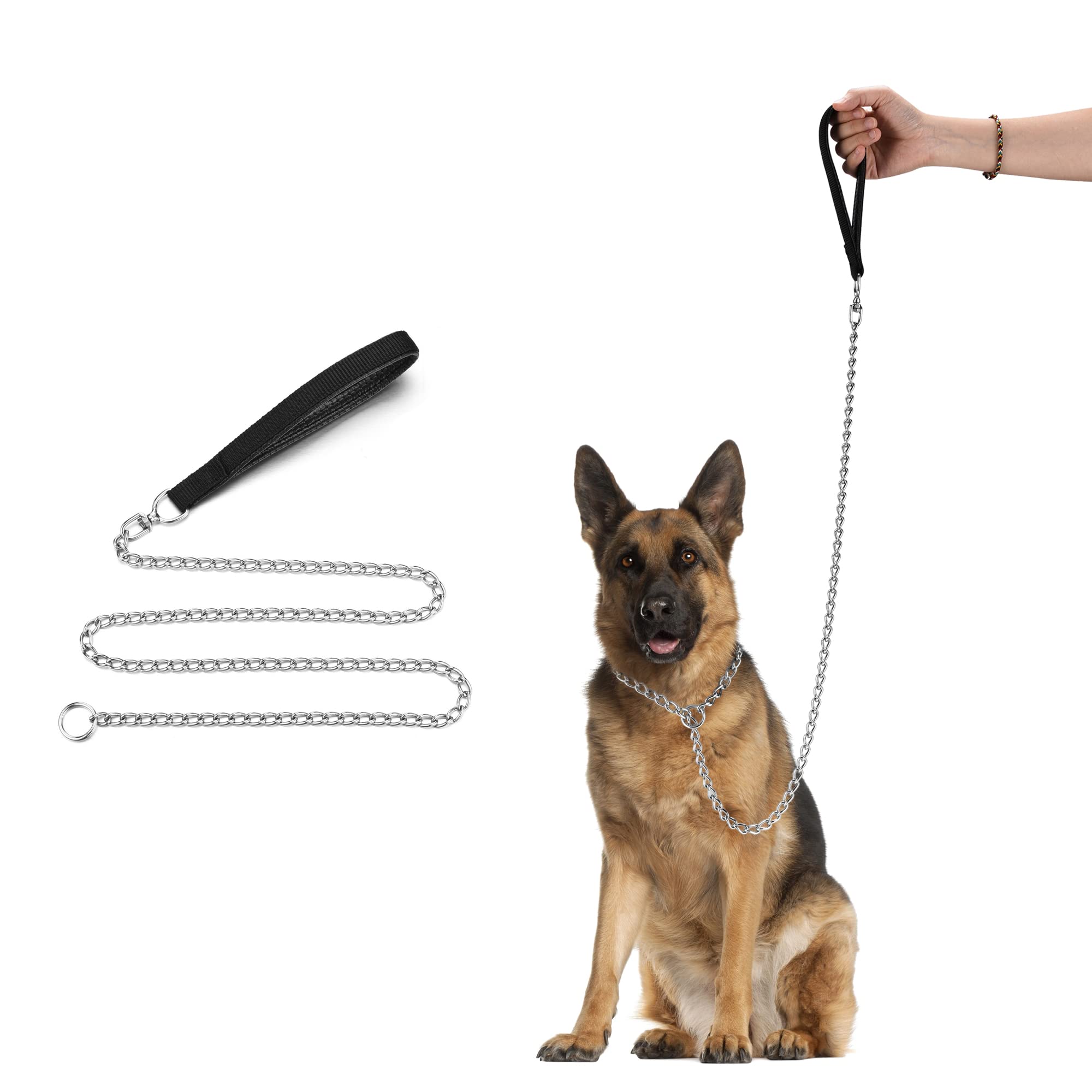 **Heavy Duty Chew Proof Metal Dog Leash with Integrated Collar – 4ft Sturdy P Chain Slip Leash for Large & Medium Dogs – Padded Handle for Comfort – Perfect for Training, Walking & Outdoor Adventures**
