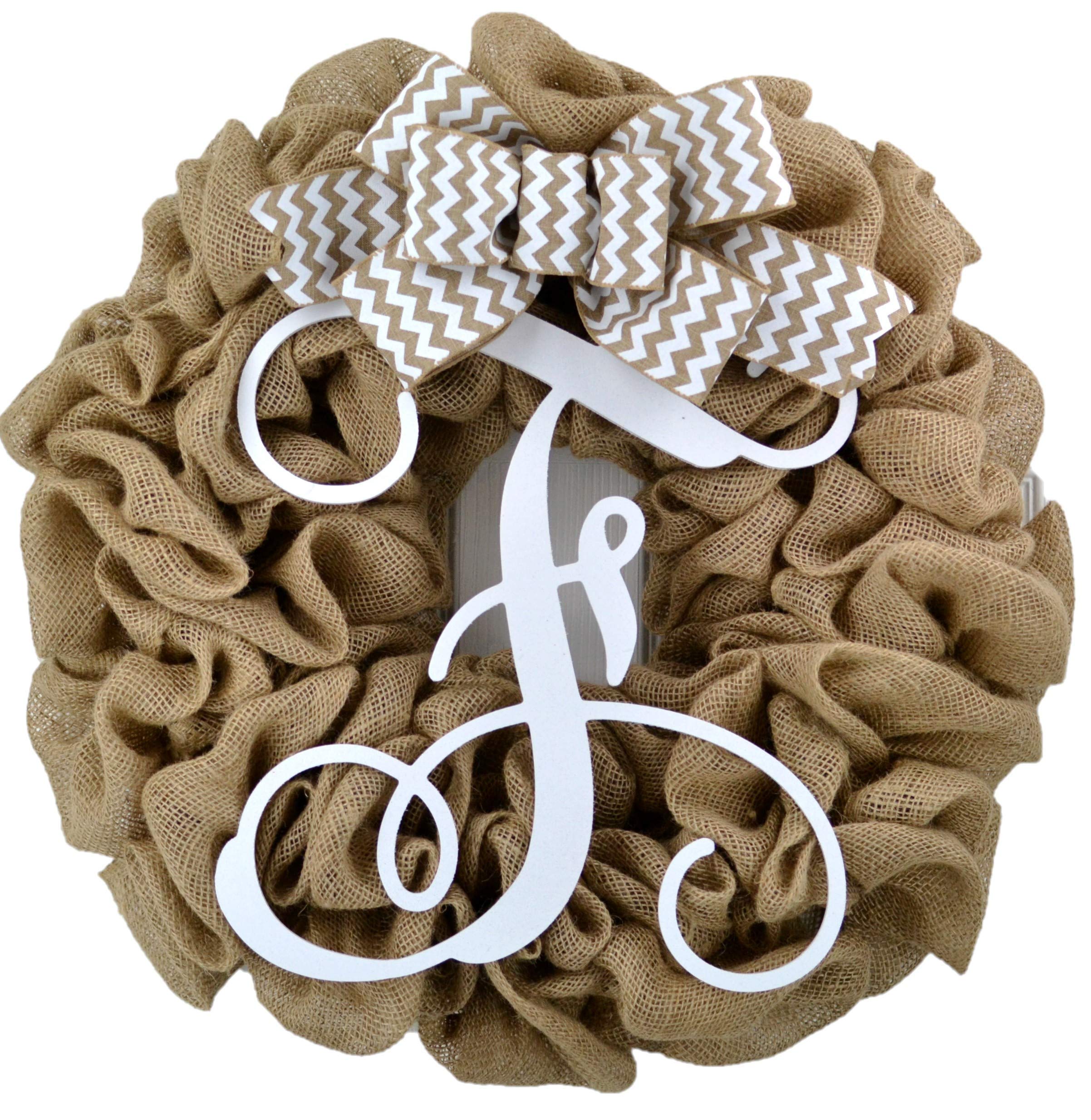 Personalized Burlap Monogram Wreath with White Chevron Bow - Custom Initial Door Decor for Weddings, Home & Seasonal Decoration - Perfect Housewarming Gift (White/Burlap Bow) - Ideal for Front Door, Porch, and Holiday Decor