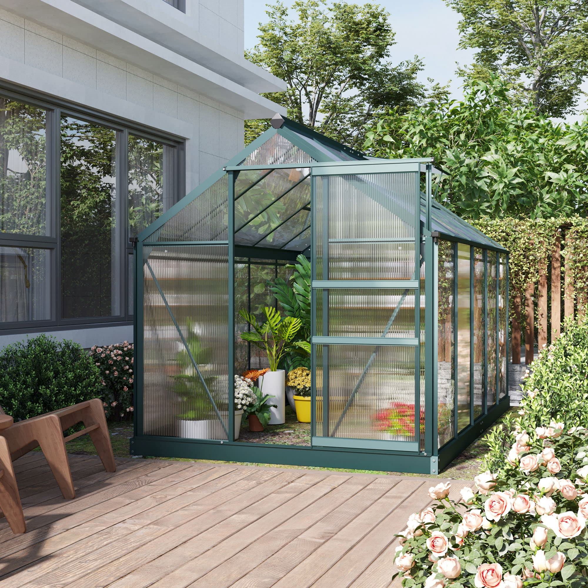 Outsunny 6' x 10' Polycarbonate Greenhouse for Outdoors - Aluminum Walk-in Garden Greenhouse with Rain Gutter & Roof Vent - Perfect for Patio, Backyard, Gardening & Plant Growing (Dark Green)