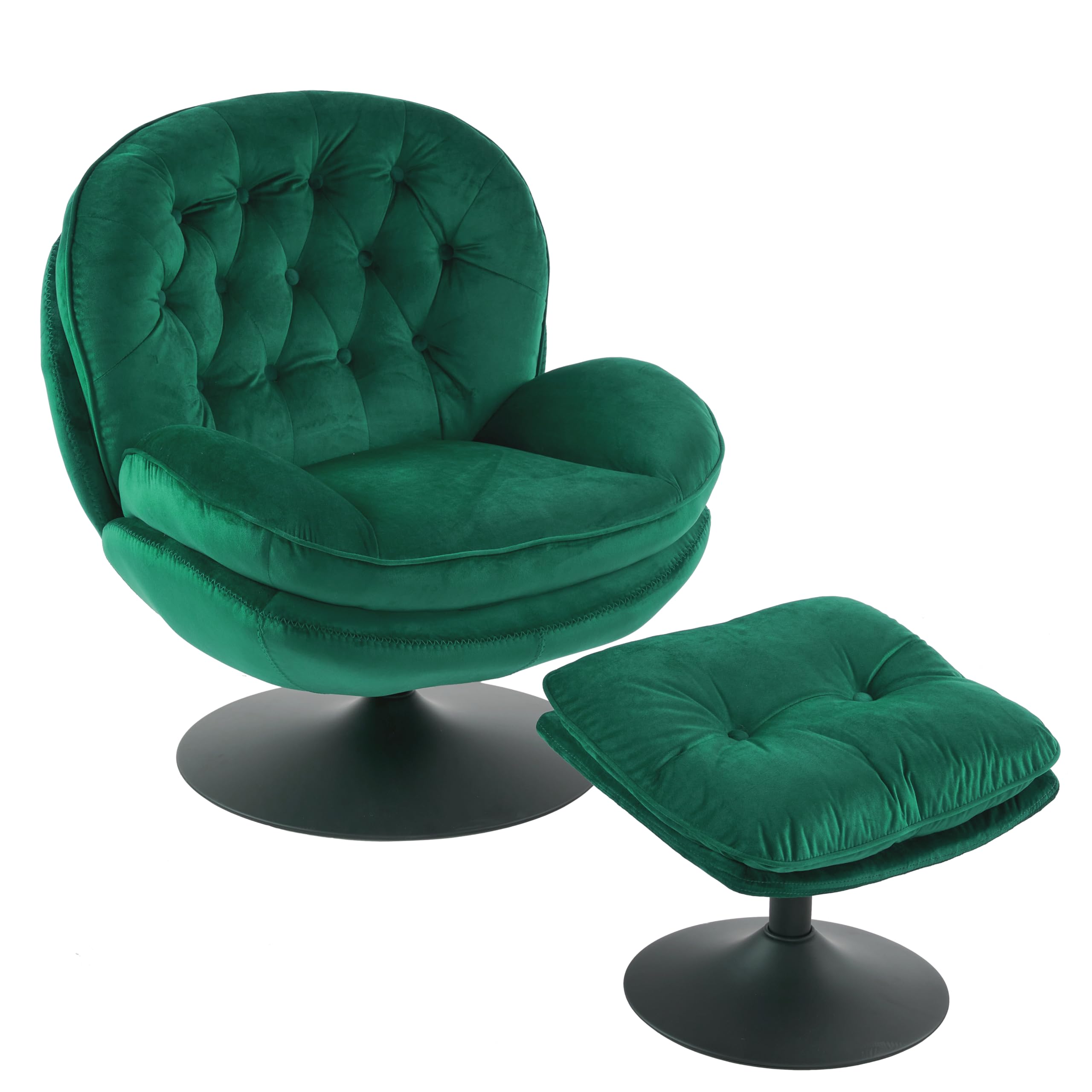 Velvet Swivel Accent Chair with Ottoman Set - Modern Tufted Armchair with Footrest for Living Room & Bedroom - 360 Degree Swiveling Lounge Chair for Adults - Comfortable Reading & TV Watching Chair - Green Velvet Upholstery - Perfect for Relaxing, Entertaining & Small Space Decor