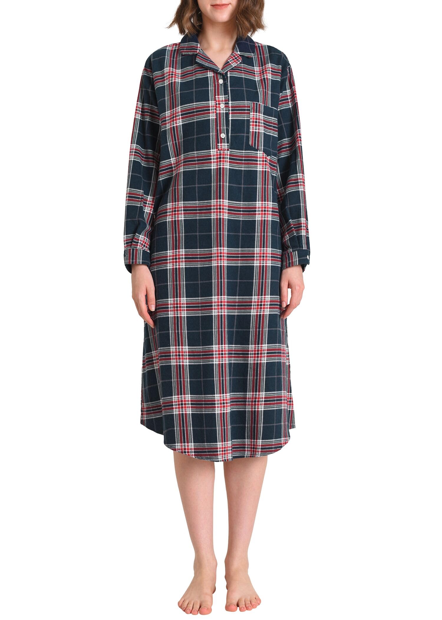 Soft Cotton Women's Flannel Nightgown - Long Sleeve Midi Length Sleepwear for Cozy Nights & Winter Comfort