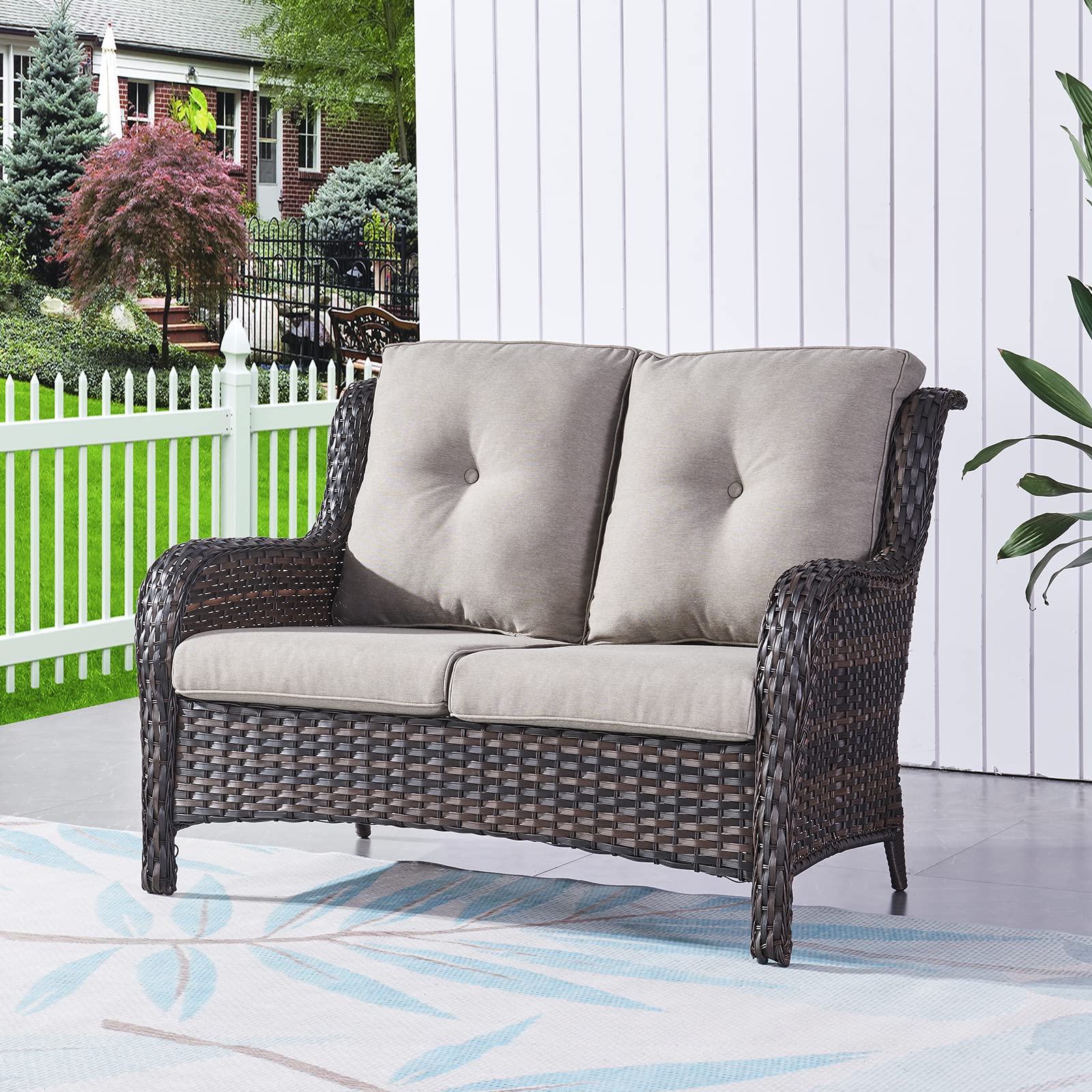 Outdoor Wicker Loveseat Patio Sofa - 2-Seat Rattan Outdoor Couch with Deep Seating & Comfortable Cushions, Brown/Grey - Perfect for Porch, Deck, Balcony, Garden & Backyard Relaxation