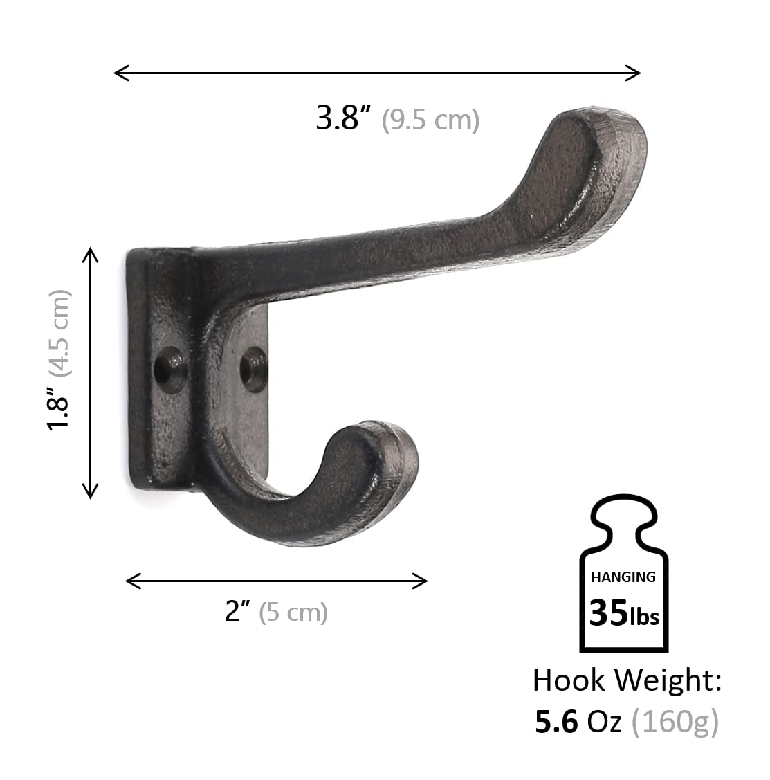 5 Pack Heavy Duty Cast Iron Wall Hooks - Vintage Antique Black for Coats & Hats