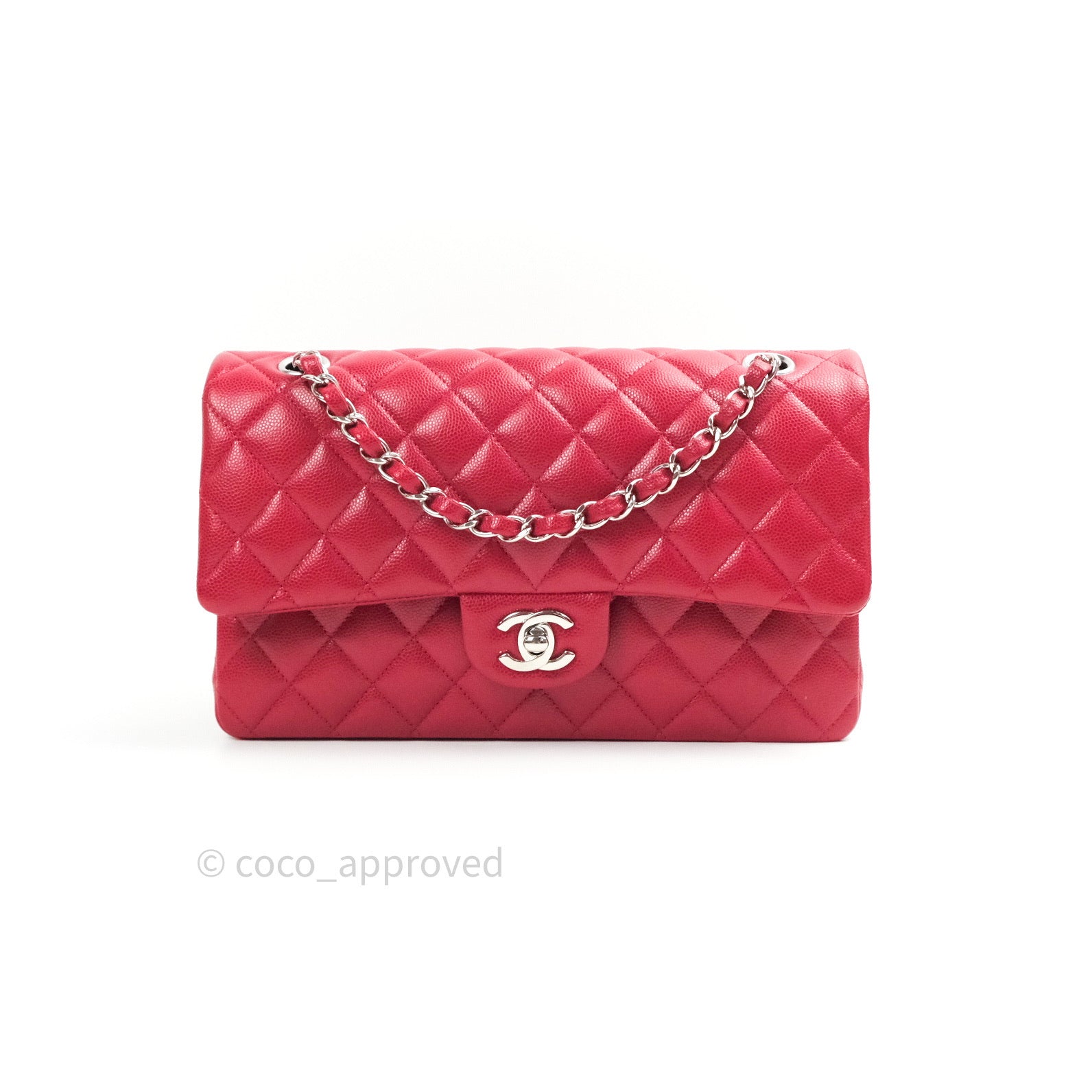 Chanel Classic Medium Double Flap Bag in Red Caviar Leather with Silver Hardware - Perfect for Work, Evening Events & Luxury Fashion Accessories