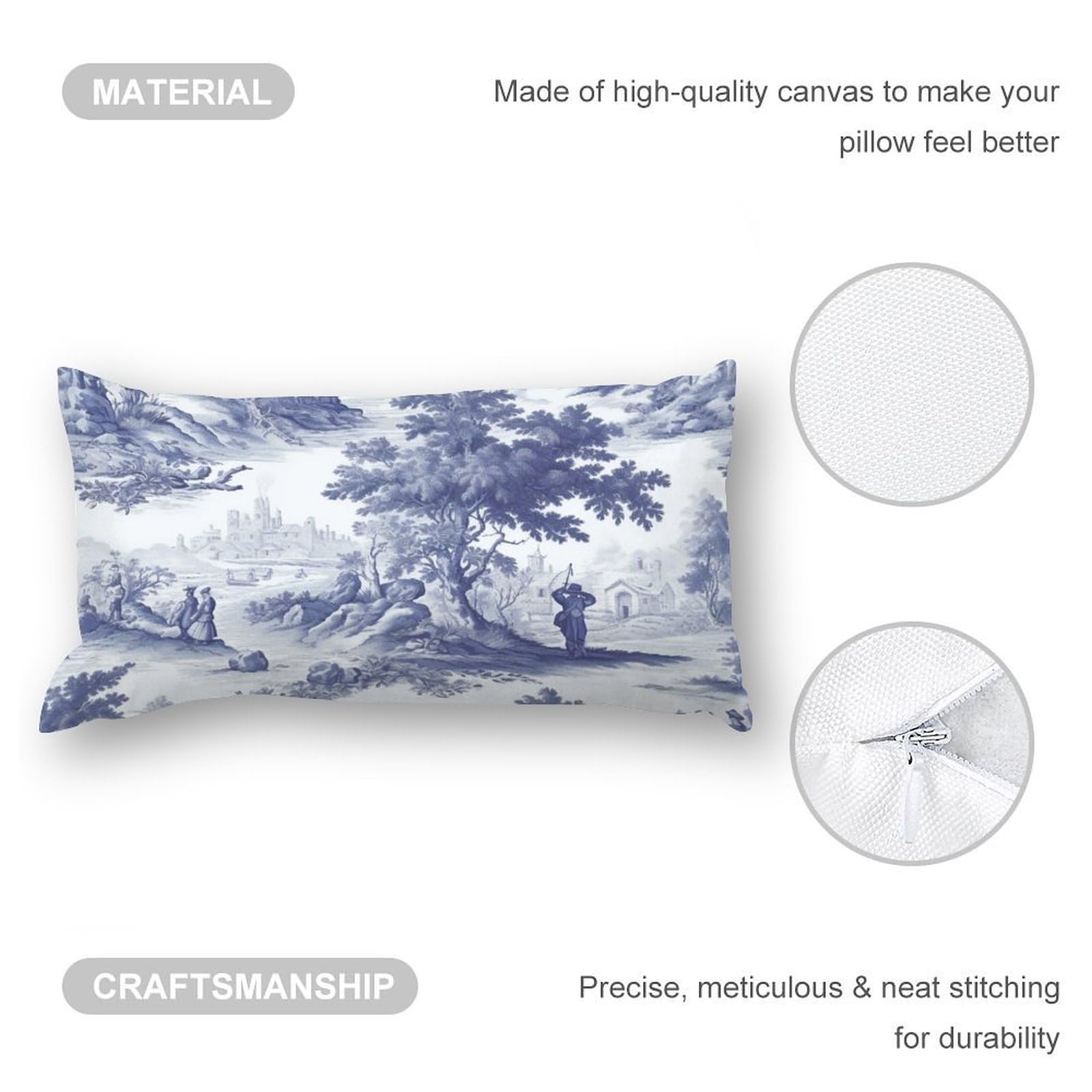 SILYHEART Decorative Toile Print Lumbar Pillow Cover - Navy White Blue French Charmed Life Design, Modern Square Cushion Cover 20x30 Inches for Sofa, Couch, Bedroom & Living Room Decor