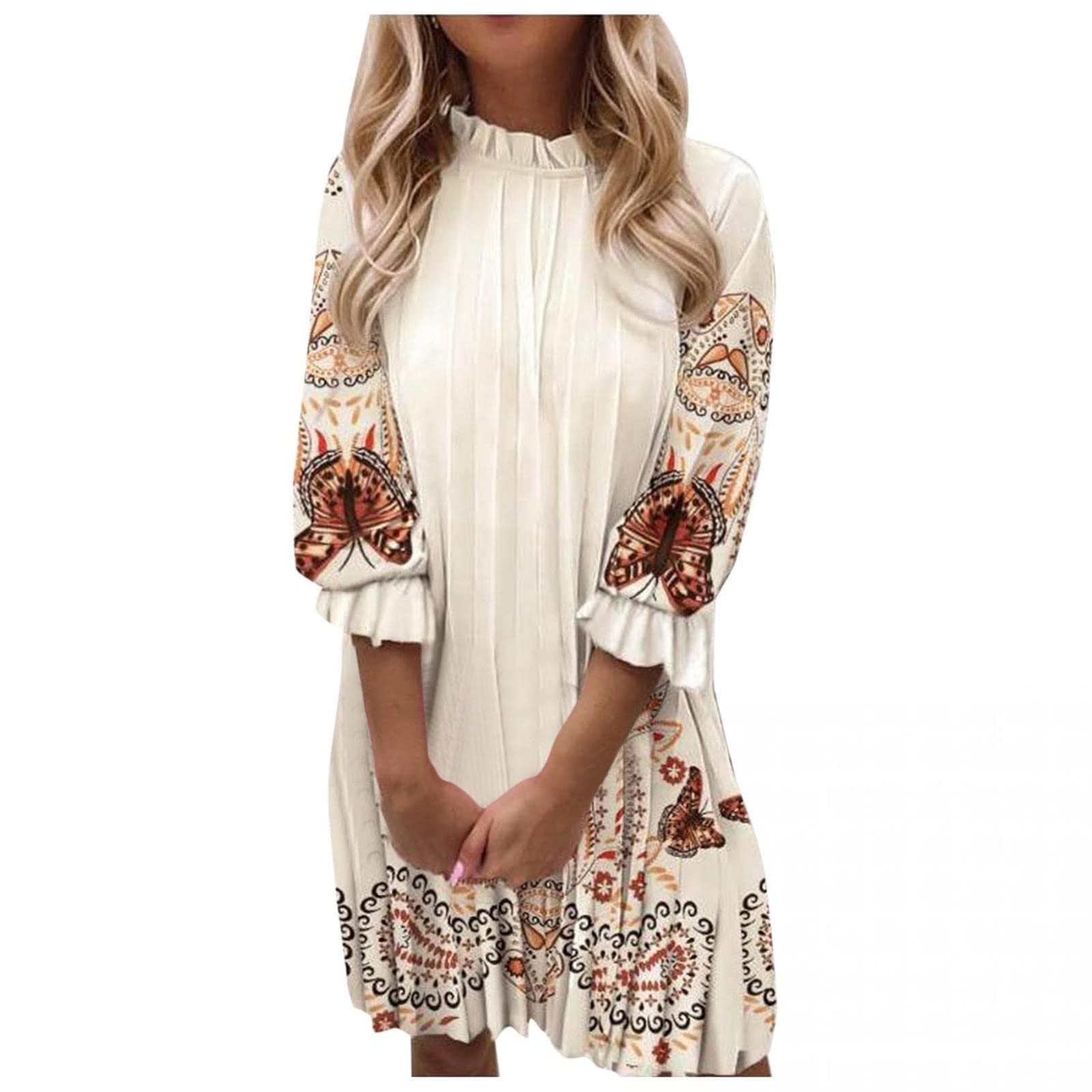 Women's Floral Print Smocked Summer Dress with Ruffled Stand Collar - Elegant Three Quarter Sleeve Midi Dress for Beach Vacation, Date Night & Cocktail Parties