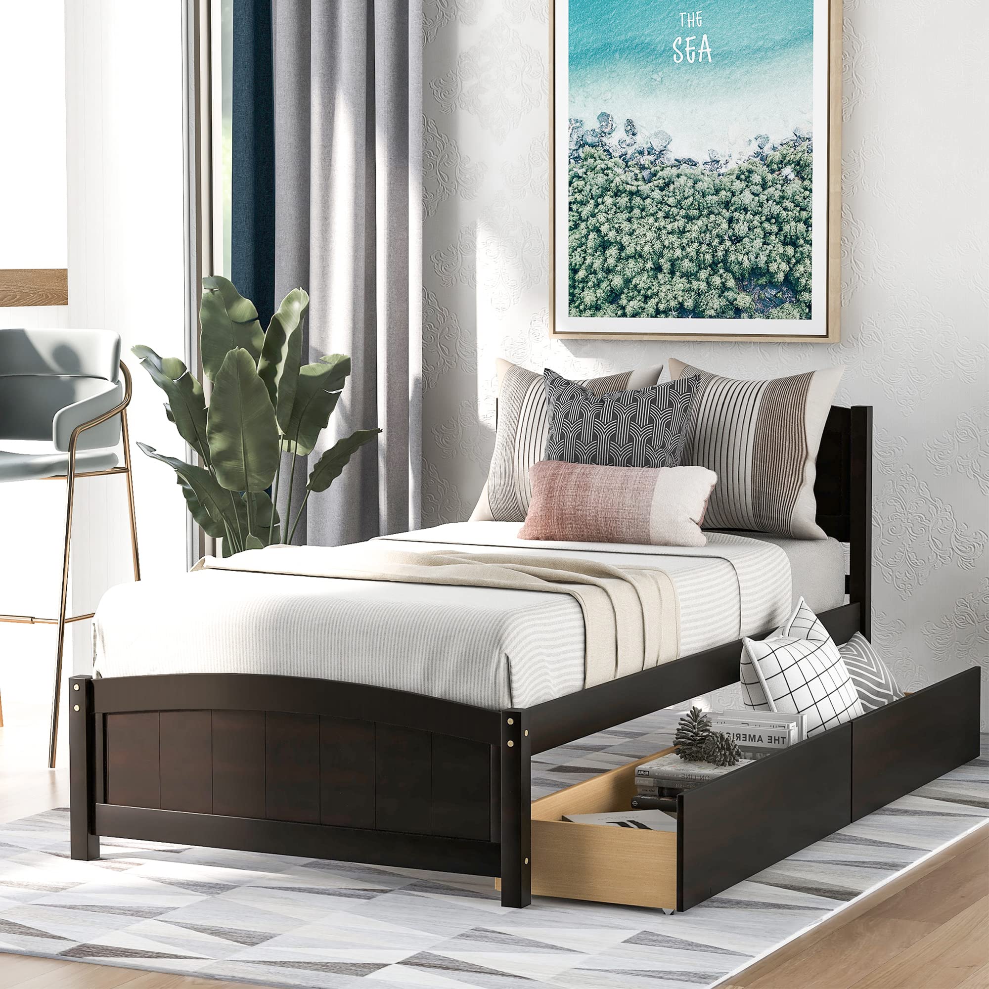 Harper & Bright Designs Twin Size Wood Storage Bed Frame with Headboard & Drawers - Espresso Platform Bed for Kids, Girls & Boys - Perfect for Small Bedrooms, Dorm Rooms & Space-Saving Kids' Furniture