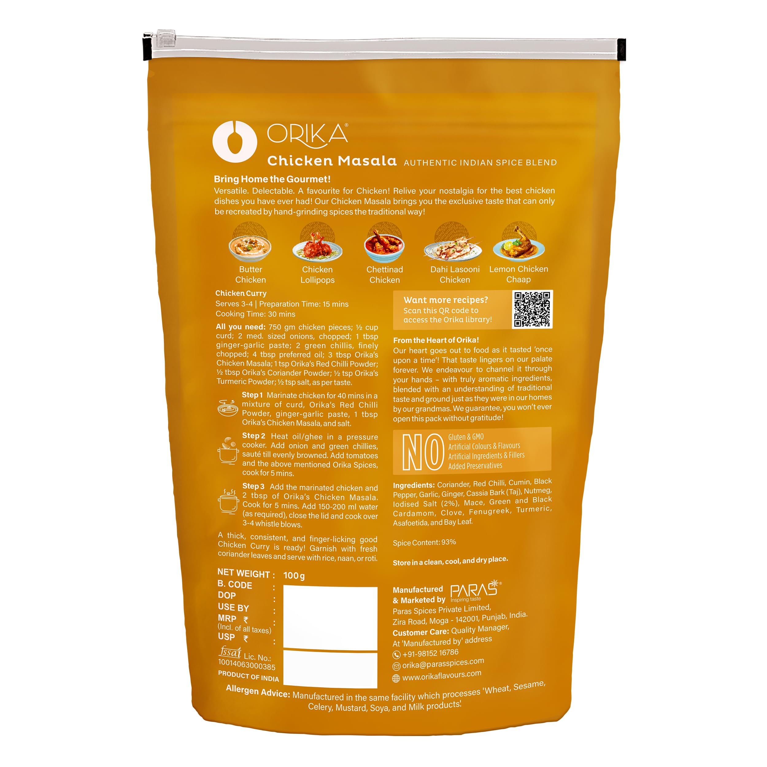Orika Chicken Masala Spice Powder - 100g Pack | Authentic Indian Masala for Chicken Curry, Biryani & Tandoori | Perfect for Home Cooking & Restaurant Use