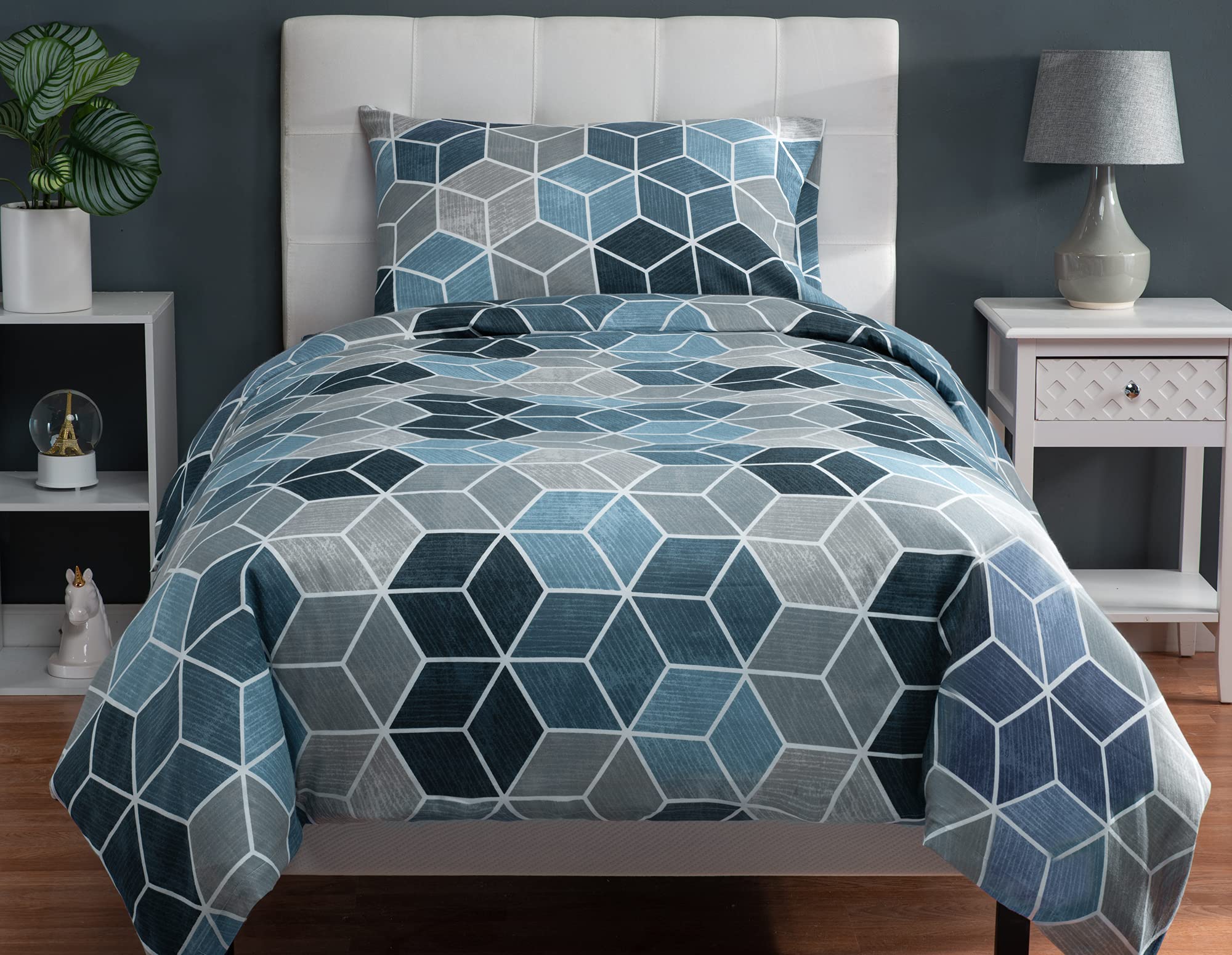 Premium Twin Size 6-Piece Bedding Set - Soft Cotton Blend Duvet Cover, Bed Sheet & Pillowcases - Machine Washable Geometric Blue Design - Perfect for Kids' Rooms, Guest Beds & Dorm Decor