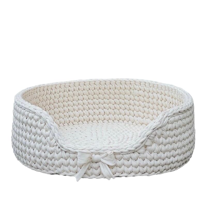 Hand-Knitted Round Cat Basket Bed - Cozy Pet Bed for Cats & Small Dogs (45x17cm, Cream) - Perfect for Napping, Lounging & Indoor Comfort