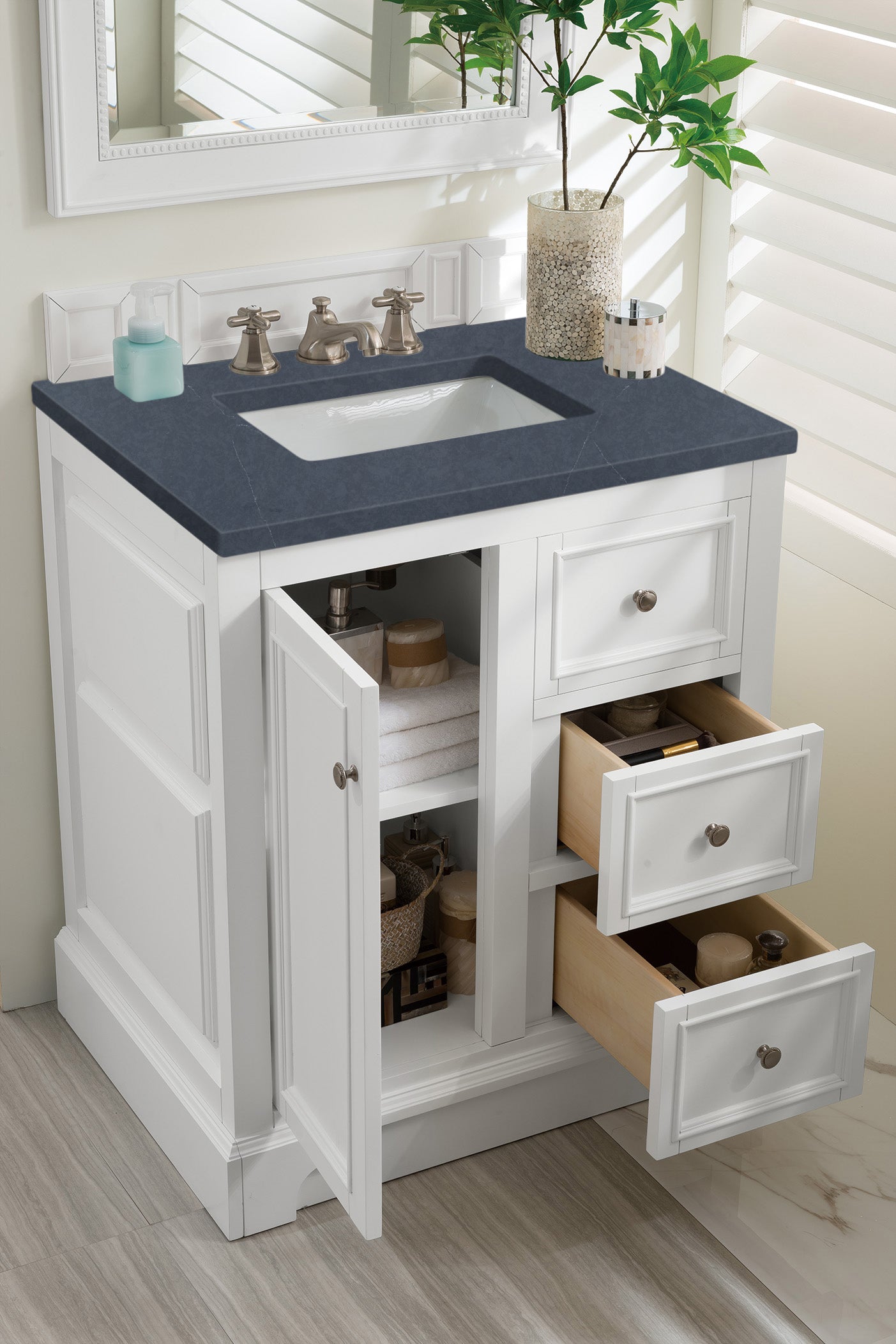 De Soto 30 Inch Single Bathroom Vanity Set with Bright White Finish & 3CM Charcoal Soapstone Quartz Countertop - Perfect for Modern Bathroom Remodeling and Small Space Solutions