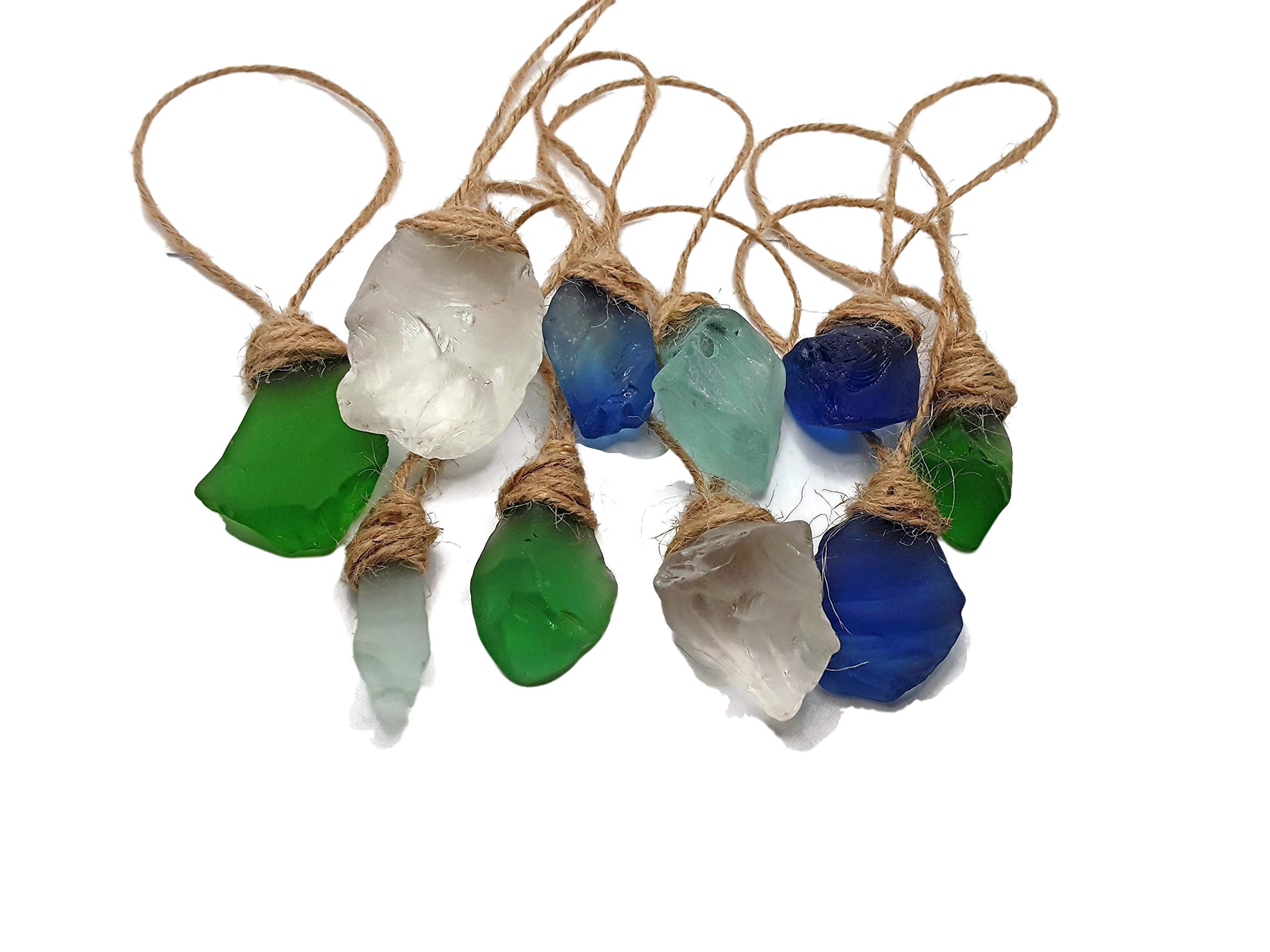 Ocean Inspired Beach Themed Tropical Sea Glass Ornament Sets - Natural Sea Glass with Jute Rope, 10-Piece Set for Home Decor, Wedding Favors, DIY Crafts & Coastal Themed Parties