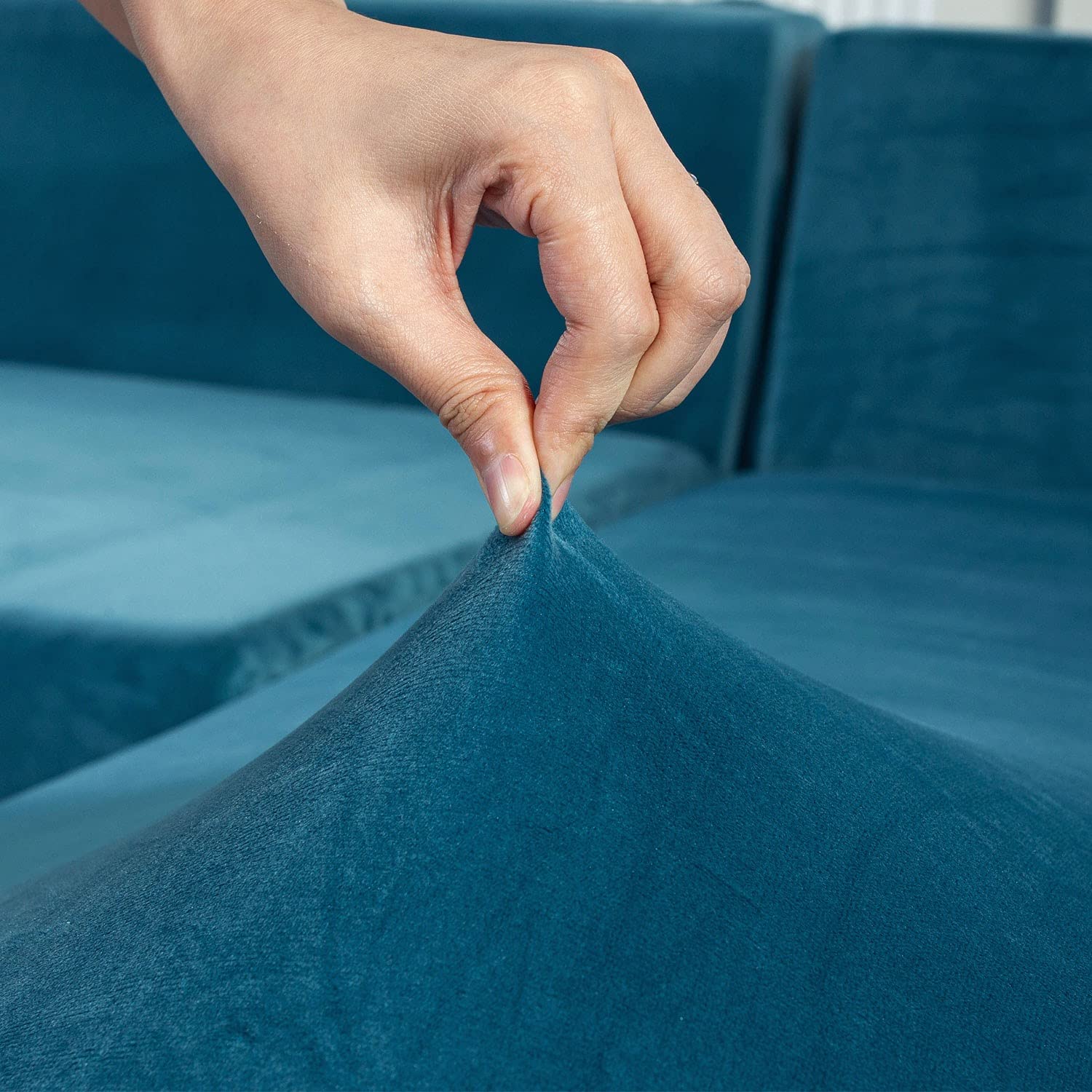 Stretch L-Shaped Sectional Sofa Slipcover - 3 Cushion Couch Cover for Living Room | Pet & Kid Friendly Furniture Protector | Blue 2+2 Seat | Perfect for Family Homes, Apartments & Pet Owners