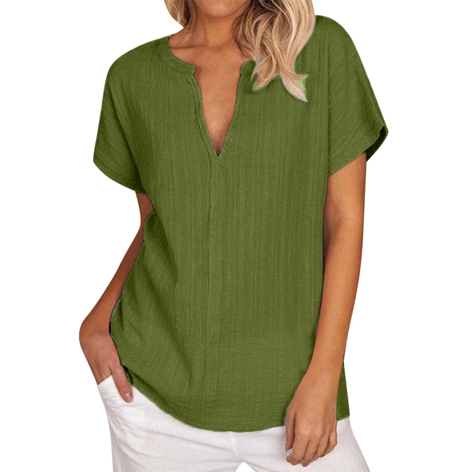Women's Casual V-Neck Short Sleeve Blouse - Loose Fit Solid Color Dressy Top for Work, Office & Everyday Wear