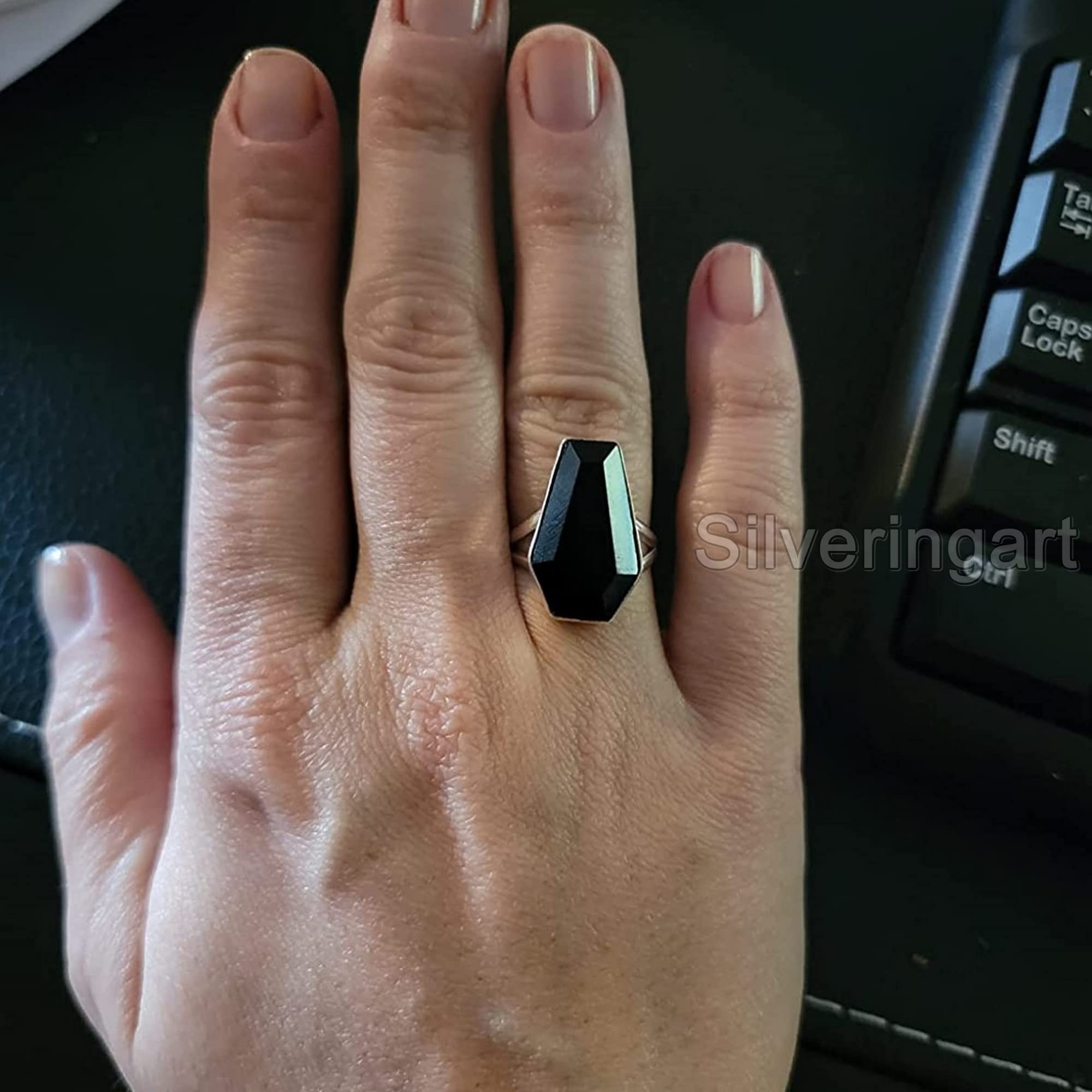 925 Sterling Silver Coffin Ring with Natural Black Onyx - Dainty Bohemian Gemstone Jewelry, Handmade Gothic Wedding Band, Promise Ring for Thanksgiving & Special Occasions