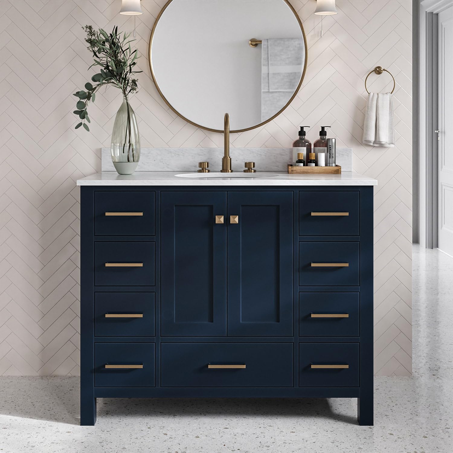 ARIEL Cambridge 43 Inch Blue Bathroom Vanity with Carrara Marble Top & Oval Sink - Solid Wood Midnight Blue Base Cabinet with 2 Soft-Closing Doors & 9 Drawers - Perfect for Modern Bathroom Renovation & Small Space Design