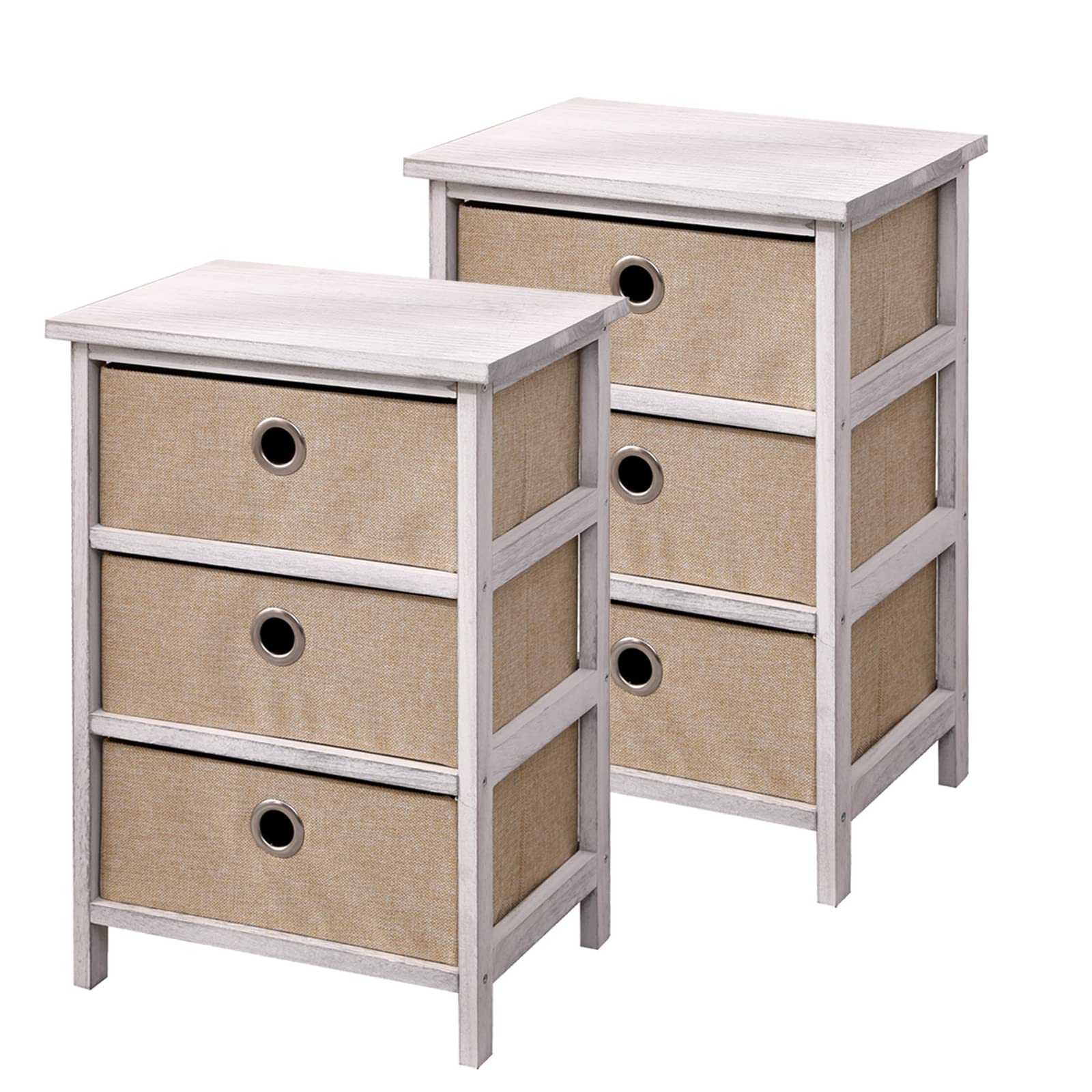 Babion 3-Drawer Nightstand with Wood Top & Fabric Base - Bedroom Dresser Storage Cabinet for Kids Room, Living Room, Hallway, Entryway & Closet (Beige, Set of 2) - Perfect for Organizing Books, Lamps & Bedroom Essentials