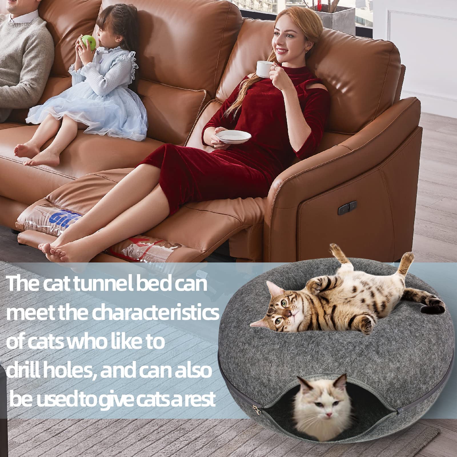 Large Cat Tunnel Bed for Indoor Cats - Peekaboo Cat Cave & Hideaway with Detachable Round Felt, Washable Interior (24x24x11 inches) - Dark Gray | Perfect for Playtime, Napping & Stress Relief