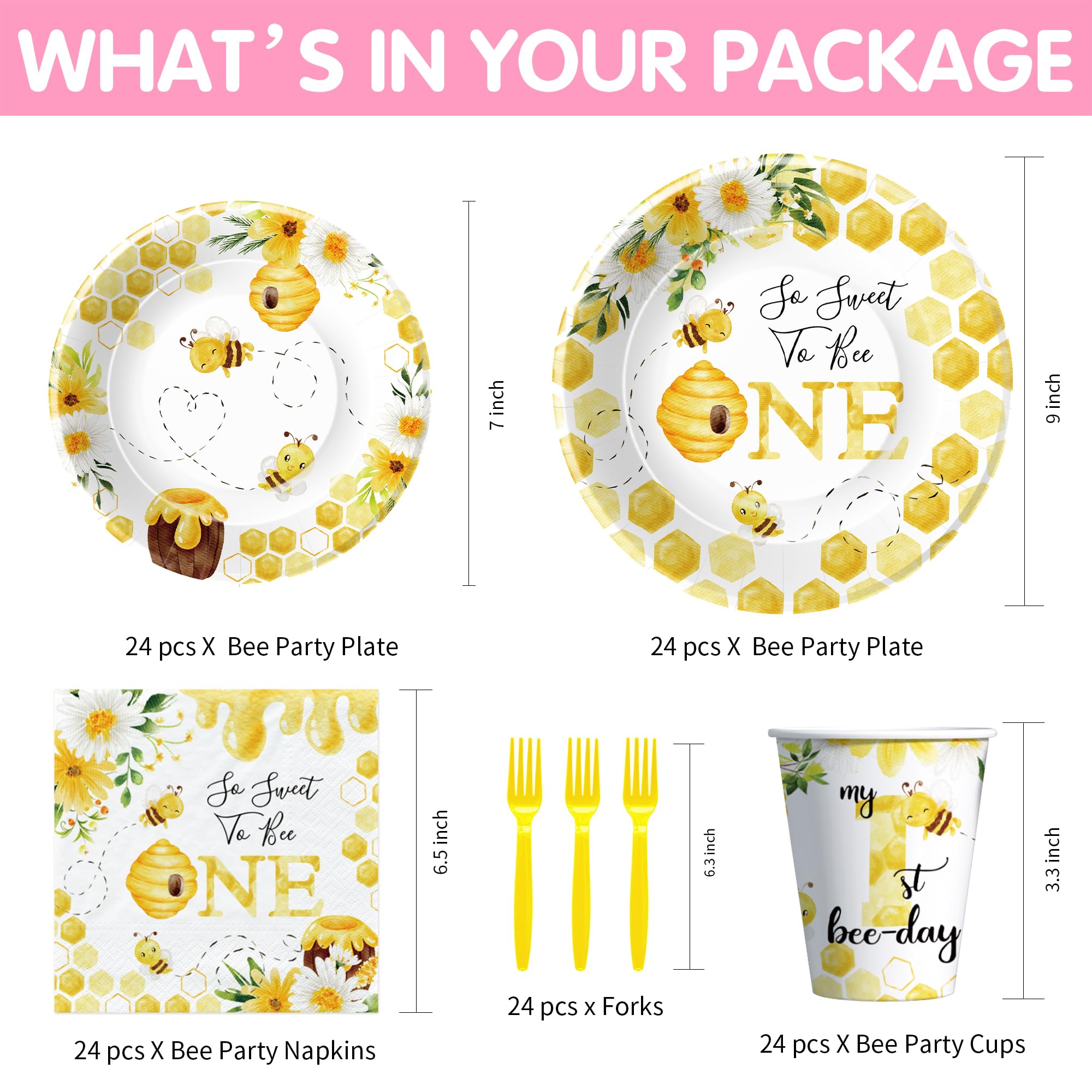 1st Birthday Bee Party Supplies - Bumble Bee Themed Decorations, Dinnerware Set (Plates, Cups, Napkins, Forks) for Baby's First Birthday | 24-Piece Set - Perfect for 1-Year-Old Birthday Parties, Baby Showers & Bee-Themed Celebrations