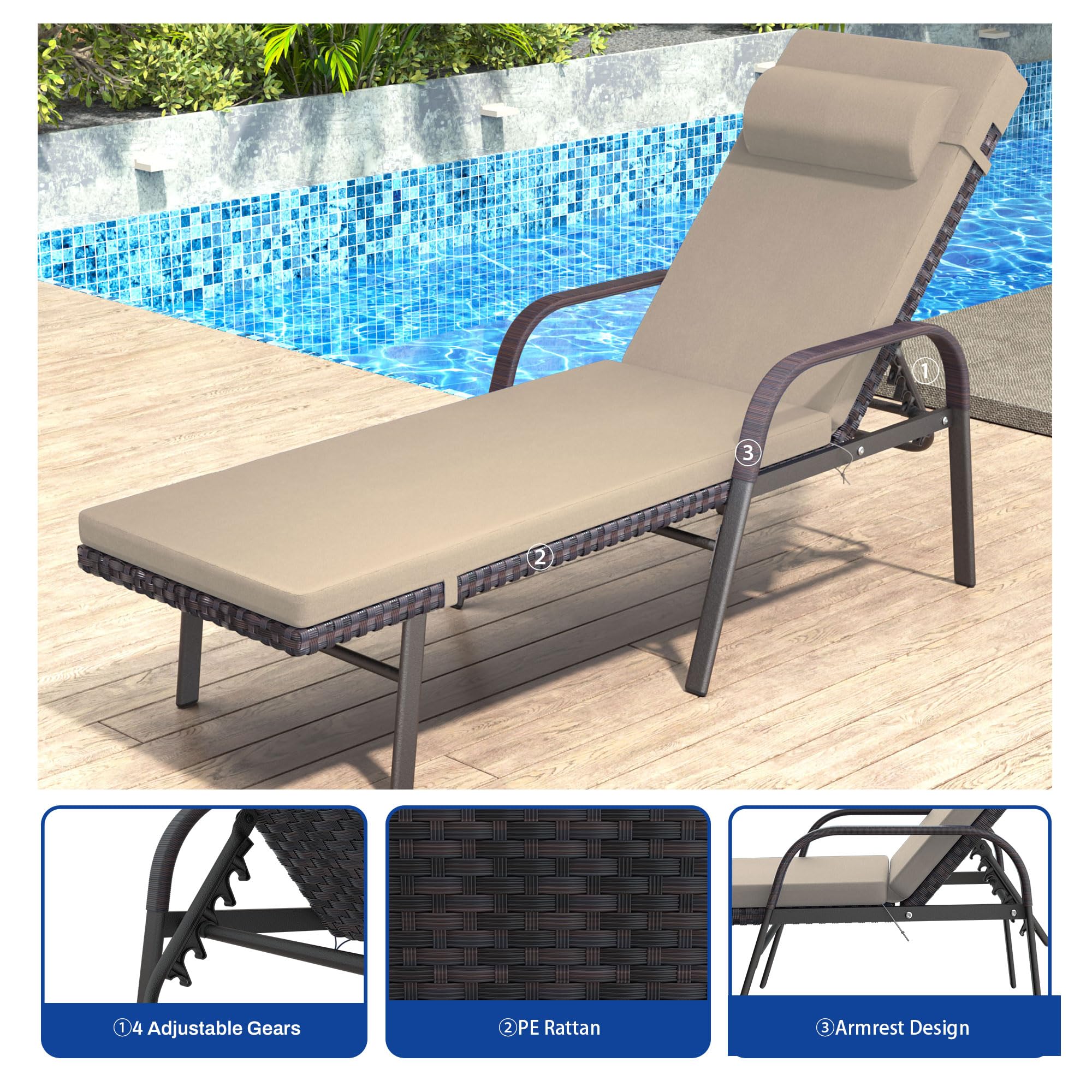 3-Piece Patio Chaise Lounge Set with Cushions - Adjustable Rattan Backrest, Folding Table & Sand Color - Perfect for Poolside, Porch, Backyard & Outdoor Relaxation