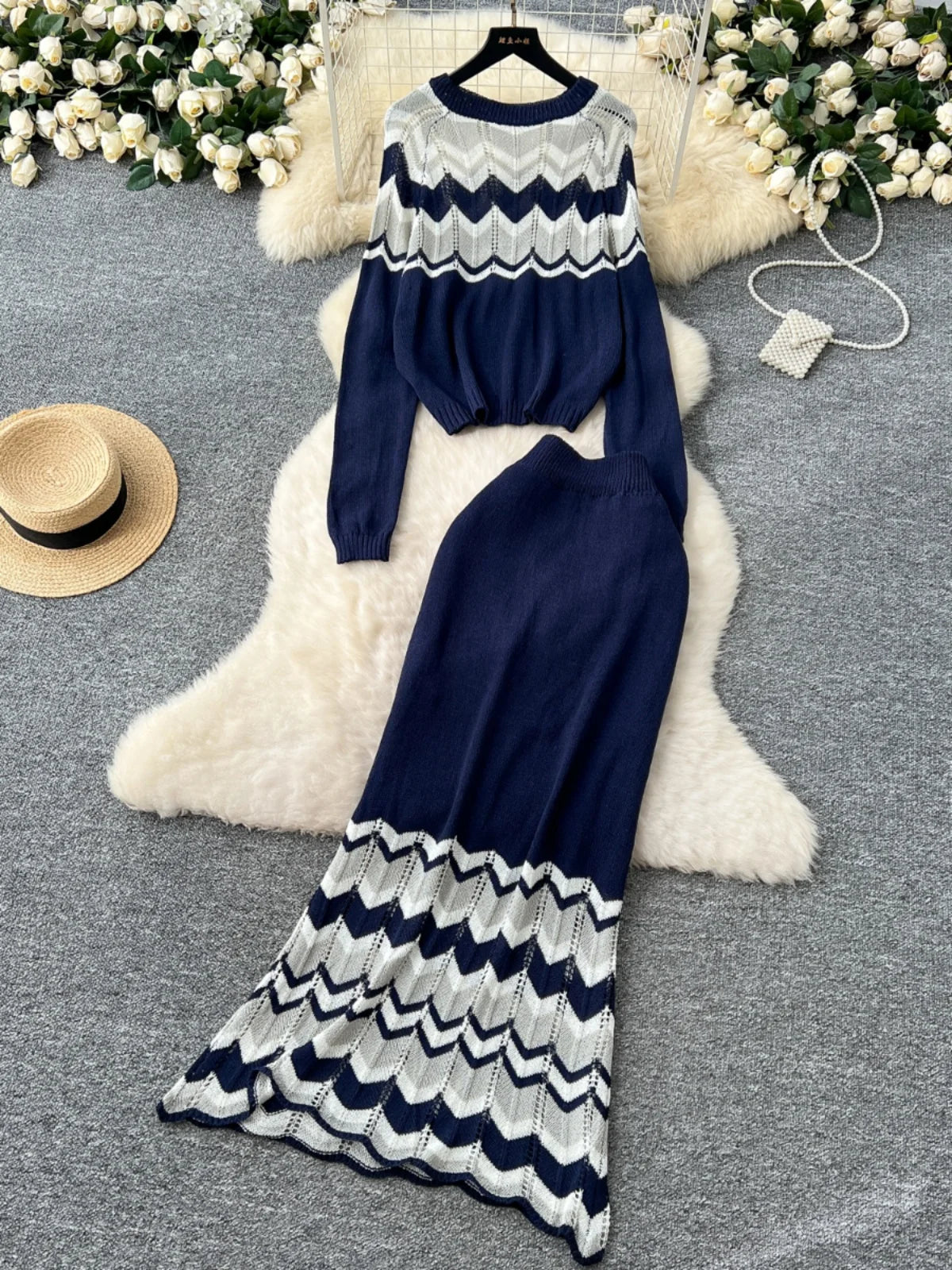Women's Autumn Winter Two-Piece Set - Wavy Striped Round Neck Pullover & High Waist Long Skirt Suit | Trendy Knit Tops Outfit for Casual Wear, Office, and Date Nights