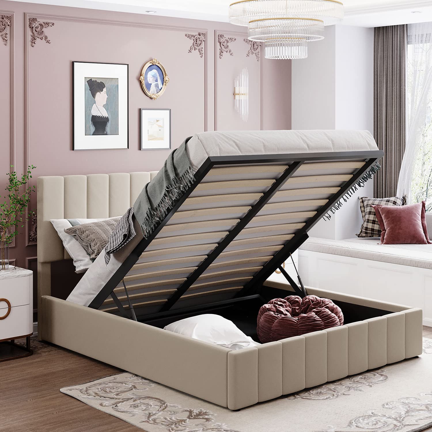 Harper & Bright Designs Queen Size Upholstered Lift-Up Storage Bed with Tufted Headboard - Wooden Platform Bed Frame with Underbed Storage for Kids, Teens & Adults (Beige) - Perfect for Small Bedrooms, Guest Rooms & Dormitories