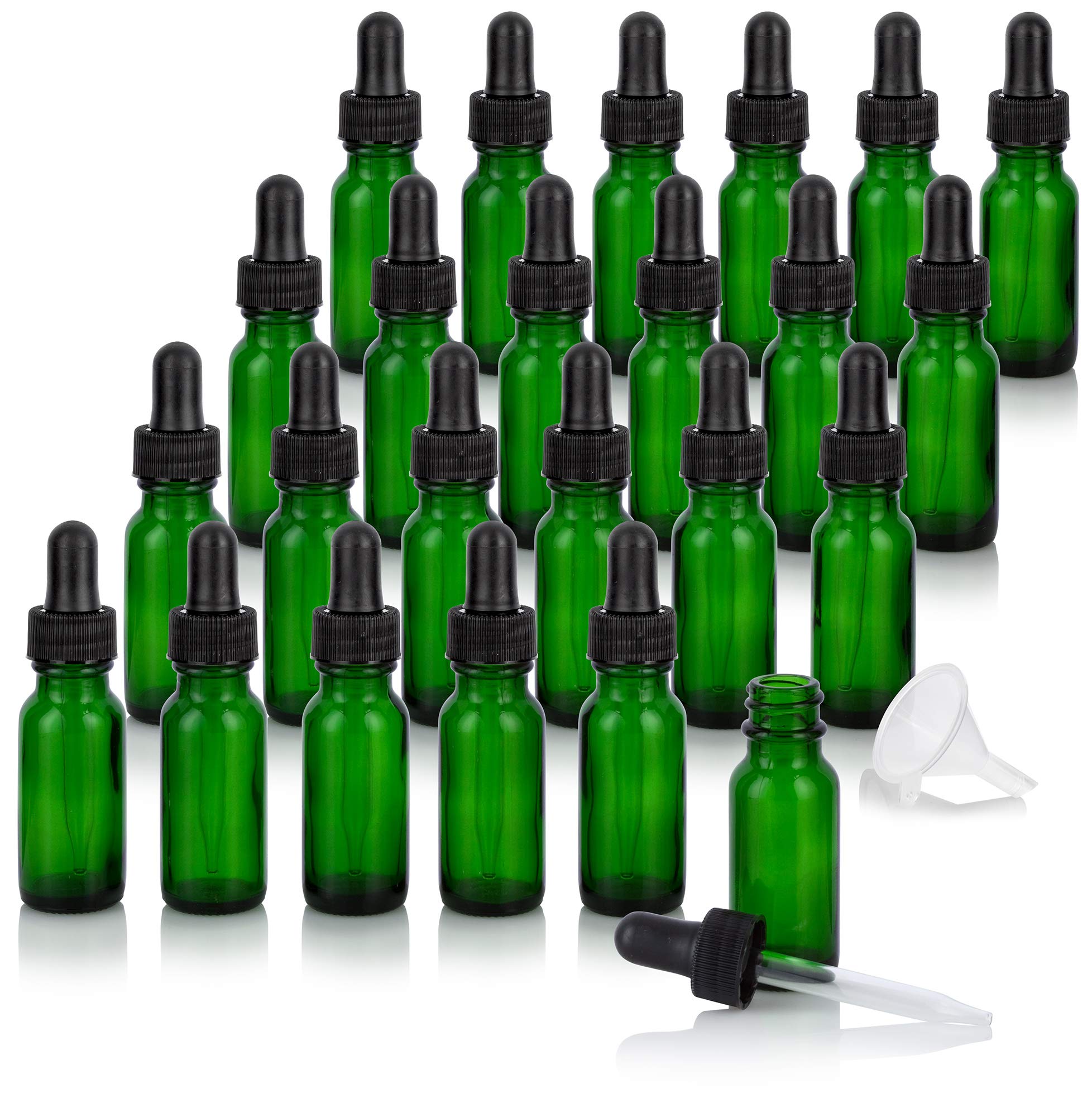 JUVITUS 24 Pack 0.5 oz (15ml) Green Glass Essential Oil Bottles with Black Dropper & Funnel - Perfect for Aromatherapy, DIY Blends, Travel Size Oils & Home Fragrance Solutions