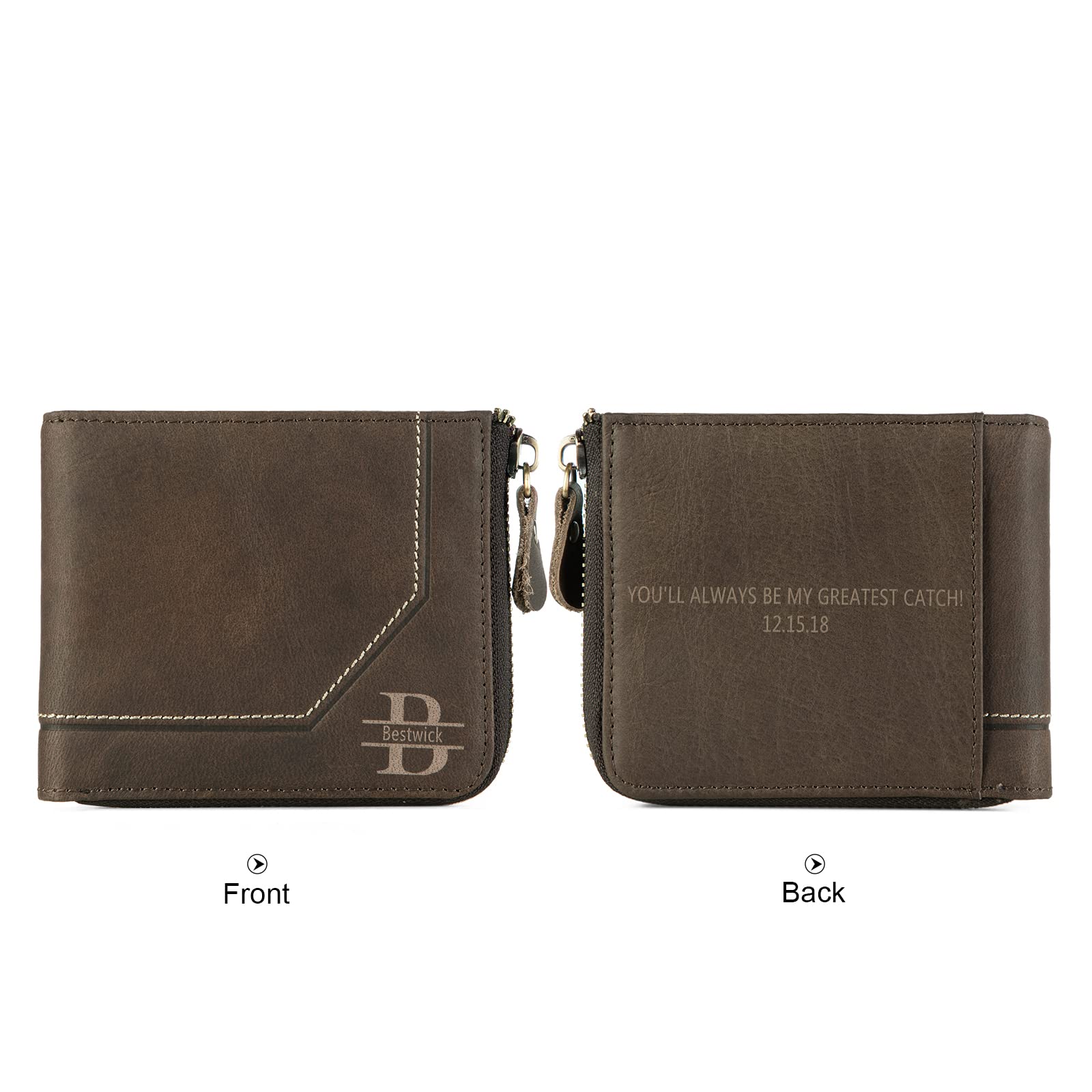 Personalized Leather RFID Blocking Bifold Wallet for Men - Custom Name Text, Large Capacity Credit Card Holder, Anti-Theft Zipper Wallet, Vintage Cowboy Style - Perfect Father's Day Gift & Everyday Carry Essential