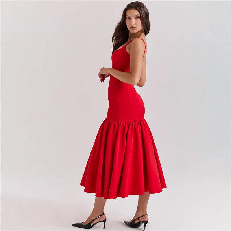 Elegant Backless Maxi Fishtail Dress for Women - Square Collar Sleeveless Loose Pleated Long Gown | Perfect for Evening Parties, Weddings & Special Occasions