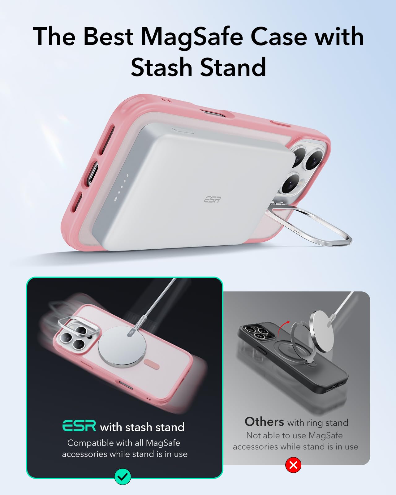 ESR iPhone 16 Pro Max Case with MagSafe Compatibility | Military-Grade Protection & Built-in Stash Stand | Scratch-Resistant Frosted Pink Back Cover | Perfect for Work, Travel & Everyday Use