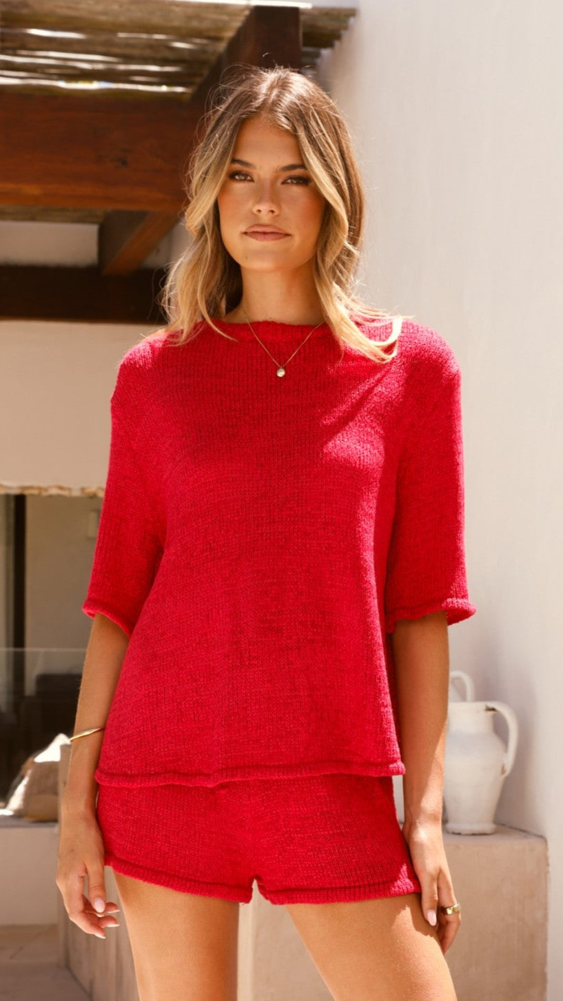 Habiba Women's Red Knit T-Shirt and Shorts Set - Casual Summer Outfit for Beach, Travel, and Lounge Wear