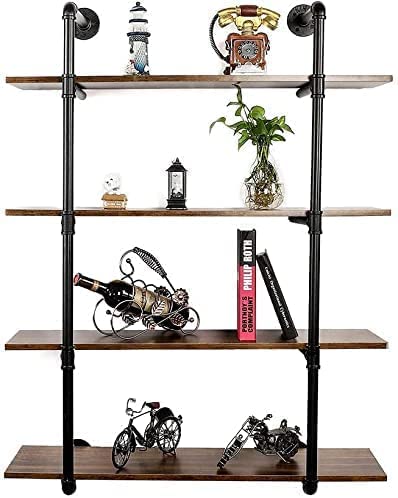 Industrial Pipe Shelving Wall Mounted - 36.2 Inch 4 Tier Floating Shelf Unit, Heavy Duty Metal Bookshelf for Bedroom, Kitchen, Office Storage | Space-Saving Wall Shelves for Home Organization & Decoration