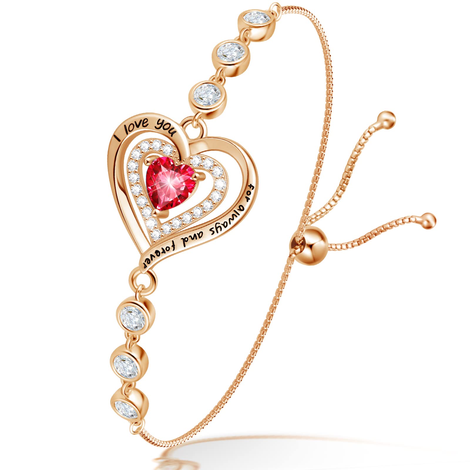 925 Sterling Silver Birthstone Bracelet for Women - 5A Zirconia Heart Tennis Bolo Bracelet, Adjustable Chain (9.1 inch) - Perfect Gift for Mom, Her, Women & Girls | Ideal for Birthdays, Anniversaries, Valentine's Day & Everyday Wear
