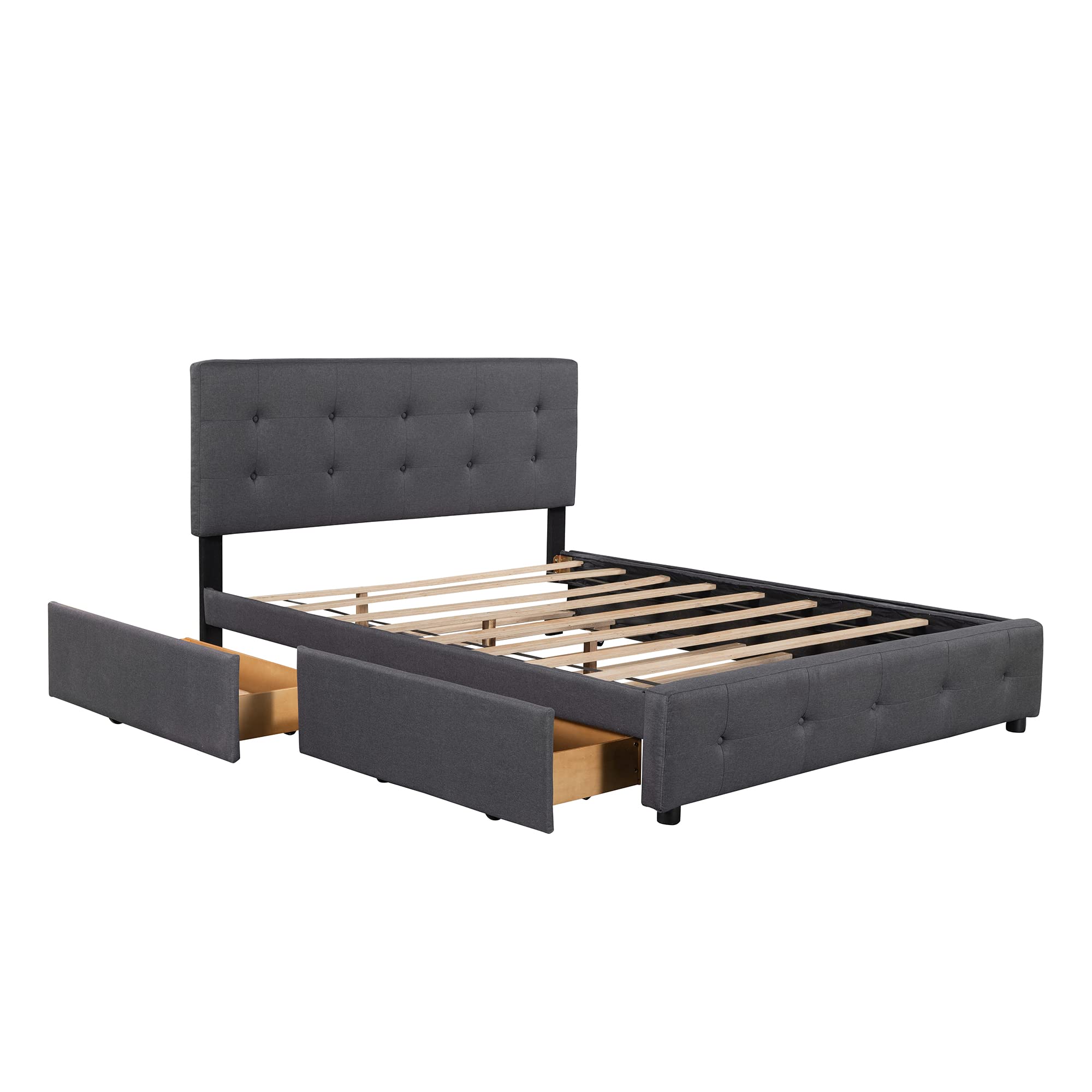 Modern Queen Size Upholstered Platform Bed with 2 Storage Drawers & Twin XL Trundle - Linen Fabric Bed Frame with Tufted Headboard, Mattress Foundation - Space Saving Design (Dark Gray) - Perfect for Small Bedrooms, Guest Rooms & Studio Apartments