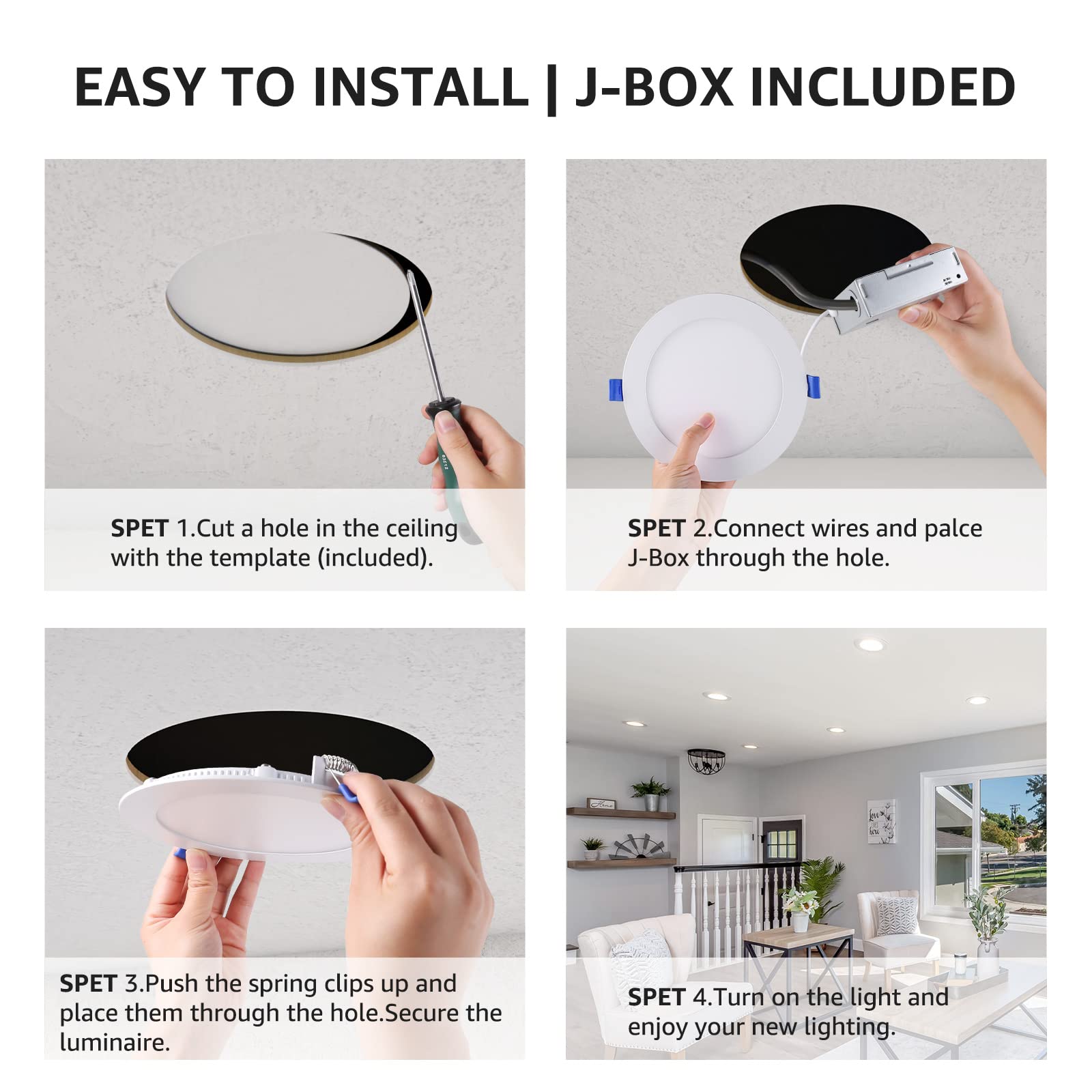 Lepro 4 Inch 12 Pack Dimmable LED Recessed Lights - 10W Slim Downlight with Junction Box, 750LM 5000K Daylight, Energy Star Certified - Perfect for Kitchen, Living Room, Bedroom, and Office Lighting