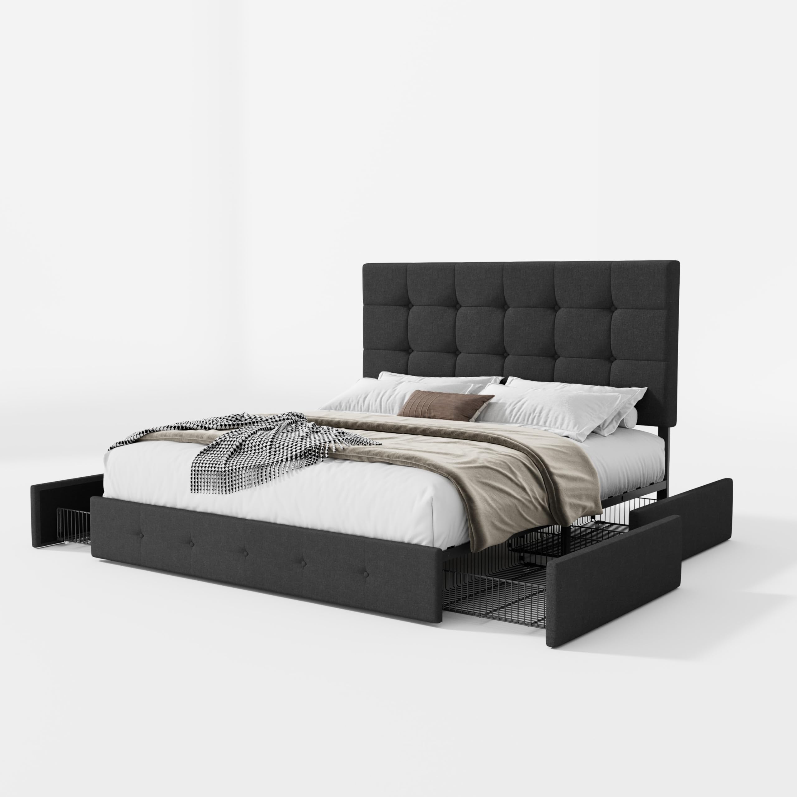 Queen Size Upholstered Platform Bed Frame with 4 Storage Drawers & Adjustable Headboard - Dark Grey Tufted Design, Wooden Slat Support, No Box Spring Needed | Perfect for Small Bedrooms, Guest Rooms & Modern Apartments